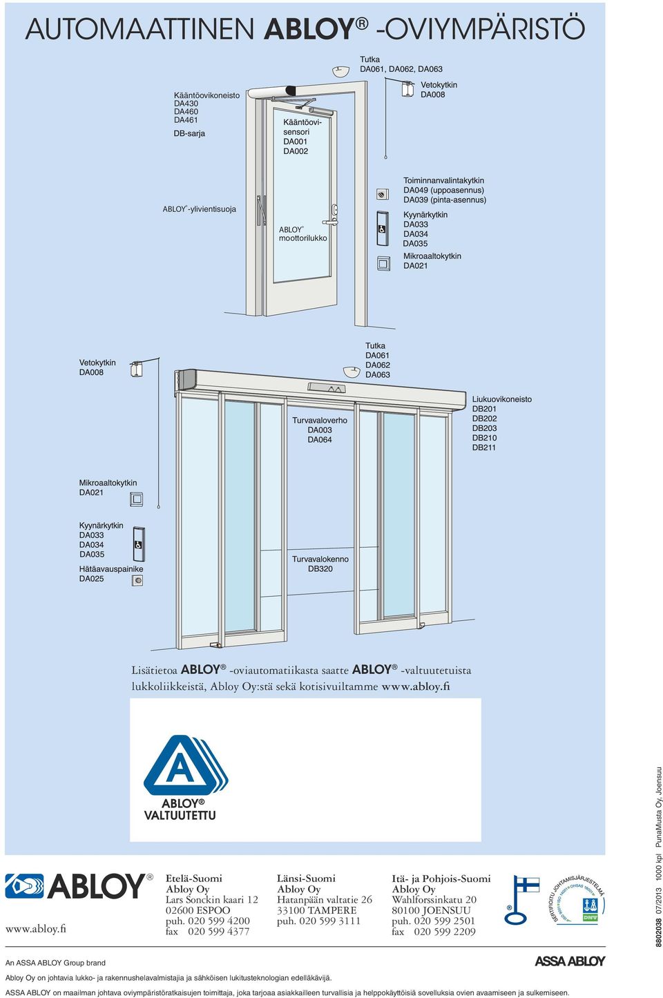 020 599 4200 fax 020 599 4377 Länsi-Suomi Abloy Oy Hatanpään valtatie 26 33100 TAMPERE puh. 020 599 3111 Itä- ja Pohjois-Suomi Abloy Oy Wahlforssinkatu 20 80100 JOENSUU puh.