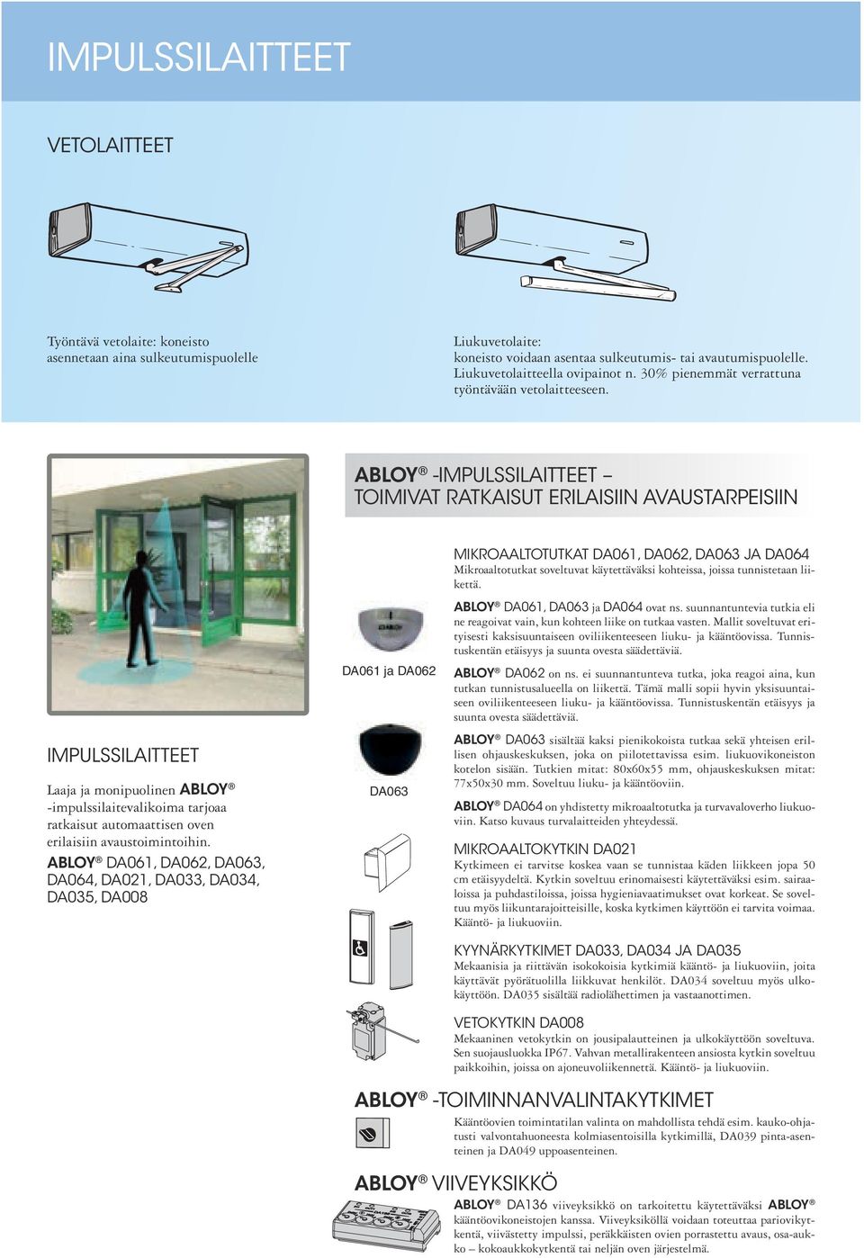 ABLOY -IMPULSSILAITTEET TOIMIVAT RATKAISUT ERILAISIIN AVAUSTARPEISIIN IMPULSSILAITTEET Laaja ja monipuolinen ABLOY -impulssilaite valikoima tarjoaa ratkaisut automaattisen oven erilaisiin