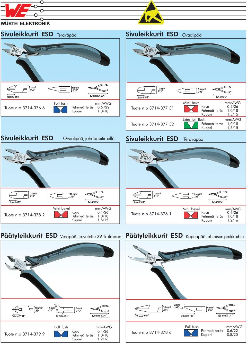 Pehmeä teräs 10/18 Kupari 15/15 Tuote n:o 3714-378 1 Mini bevel /AWG Kova 04/6 Pehmeä teräs 10/18 Kupari 1/16 Päätyleikkurit ESD Vinopää taivutettu 9 kulmaan