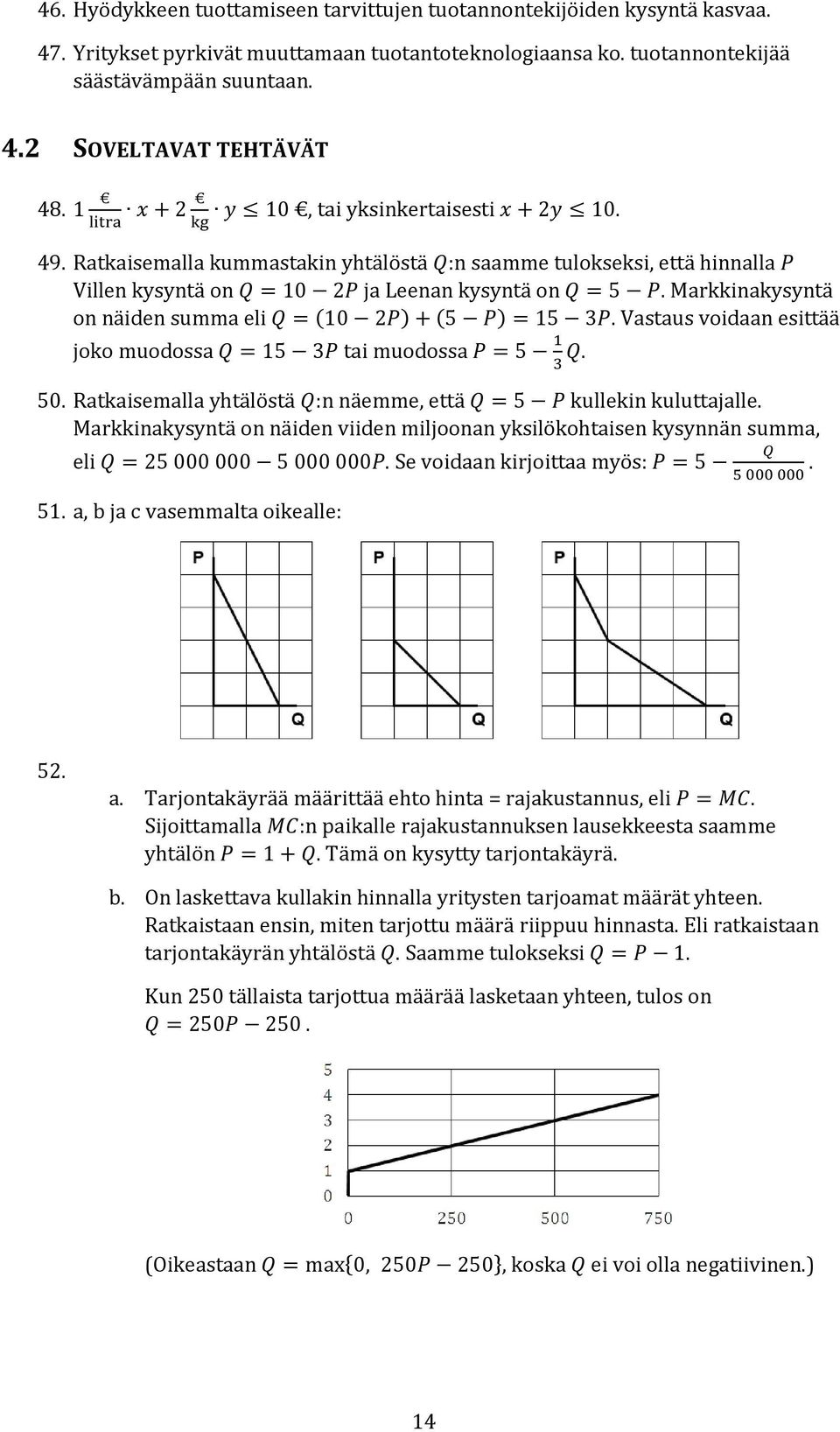 Markkinakysyntä on näiden summa eli Q = (10 2P) + (5 P) = 15 3P. Vastaus voidaan esittää joko muodossa Q = 15 3P tai muodossa P = 5 1 3 Q. 50.