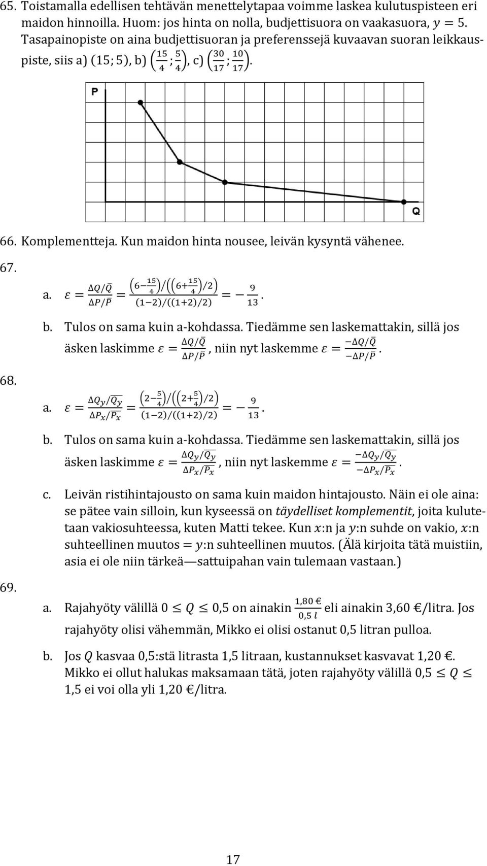 Kun maidon hinta nousee, leivän kysyntä vähenee. 67. a. ε = Q/Q P/P = (6 15 4 ) ((6+15 4 ) 2) (1 2) ((1+2) 2) = 9 13. b. Tulos on sama kuin a-kohdassa.