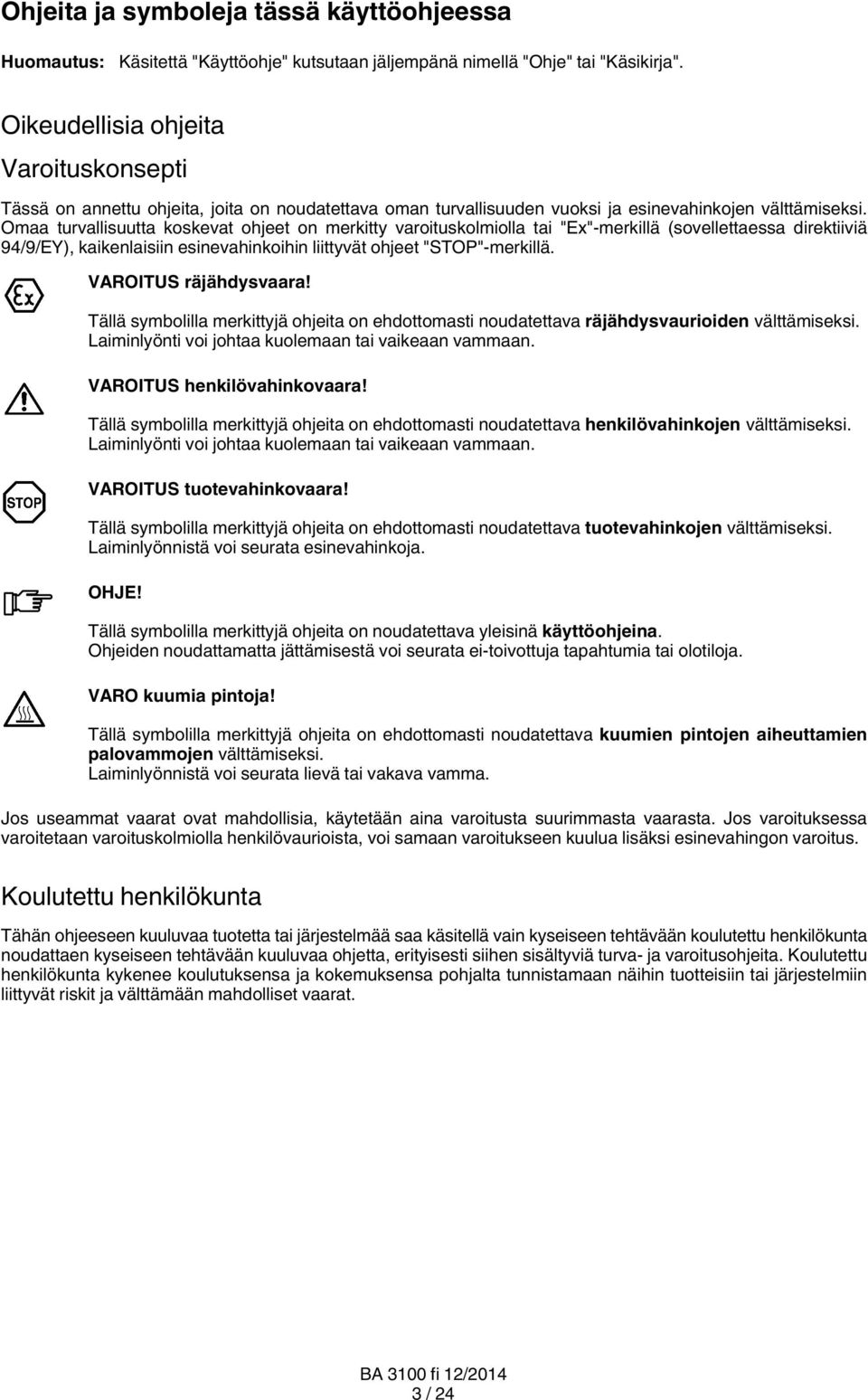 Omaa turvallisuutta koskevat ohjeet on merkitty varoituskolmiolla tai "Ex" merkillä (sovellettaessa direktiiviä 94/9/EY), kaikenlaisiin esinevahinkoihin liittyvät ohjeet "STOP" merkillä.