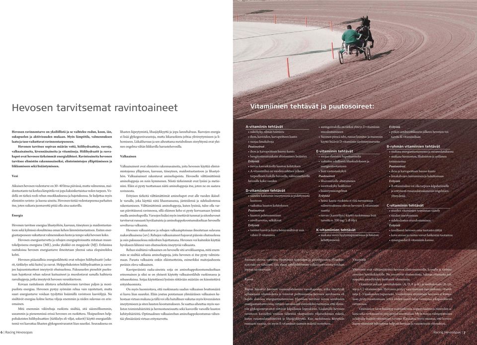 Hiilihydraatit ja rasvahapot ovat hevosen tärkeimmät energialähteet. Ravintoaineita hevonen tarvitsee elimistön rakennusaineiksi, elintoimintojen ylläpitämiseen ja liikkumiseen sekä lisääntymiseen.