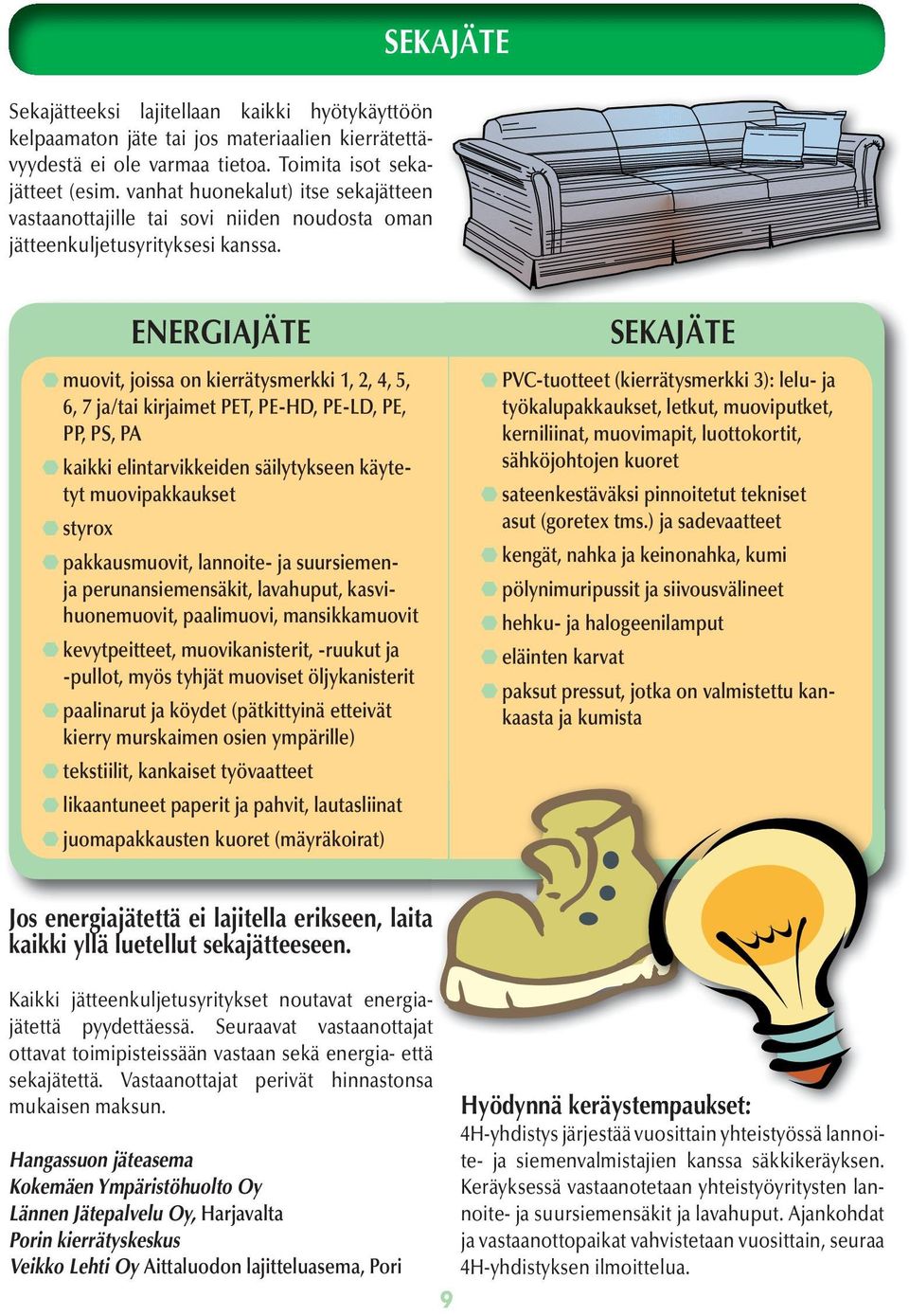 ENERGIAJÄTE muovit, joissa on kierrätysmerkki 1, 2, 4, 5, 6, 7 ja/tai kirjaimet PET, PE-HD, PE-LD, PE, PP, PS, PA kaikki elintarvikkeiden säilytykseen käytetyt muovipakkaukset styrox pakkausmuovit,