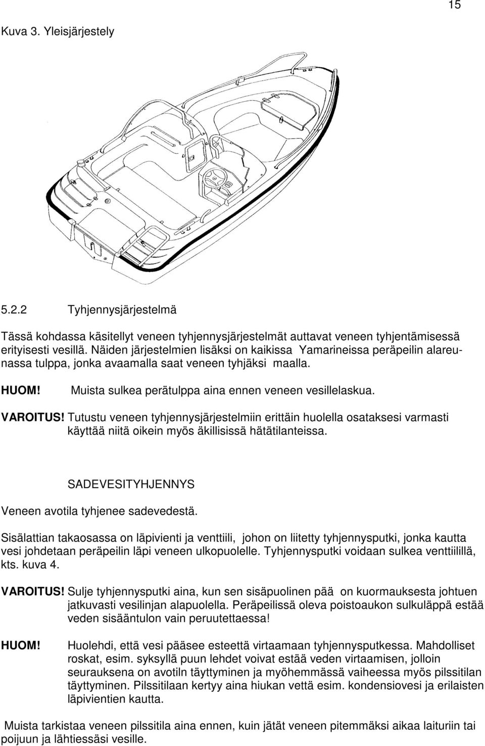 VAROITUS! Tutustu veneen tyhjennysjärjestelmiin erittäin huolella osataksesi varmasti käyttää niitä oikein myös äkillisissä hätätilanteissa. SADEVESITYHJENNYS Veneen avotila tyhjenee sadevedestä.