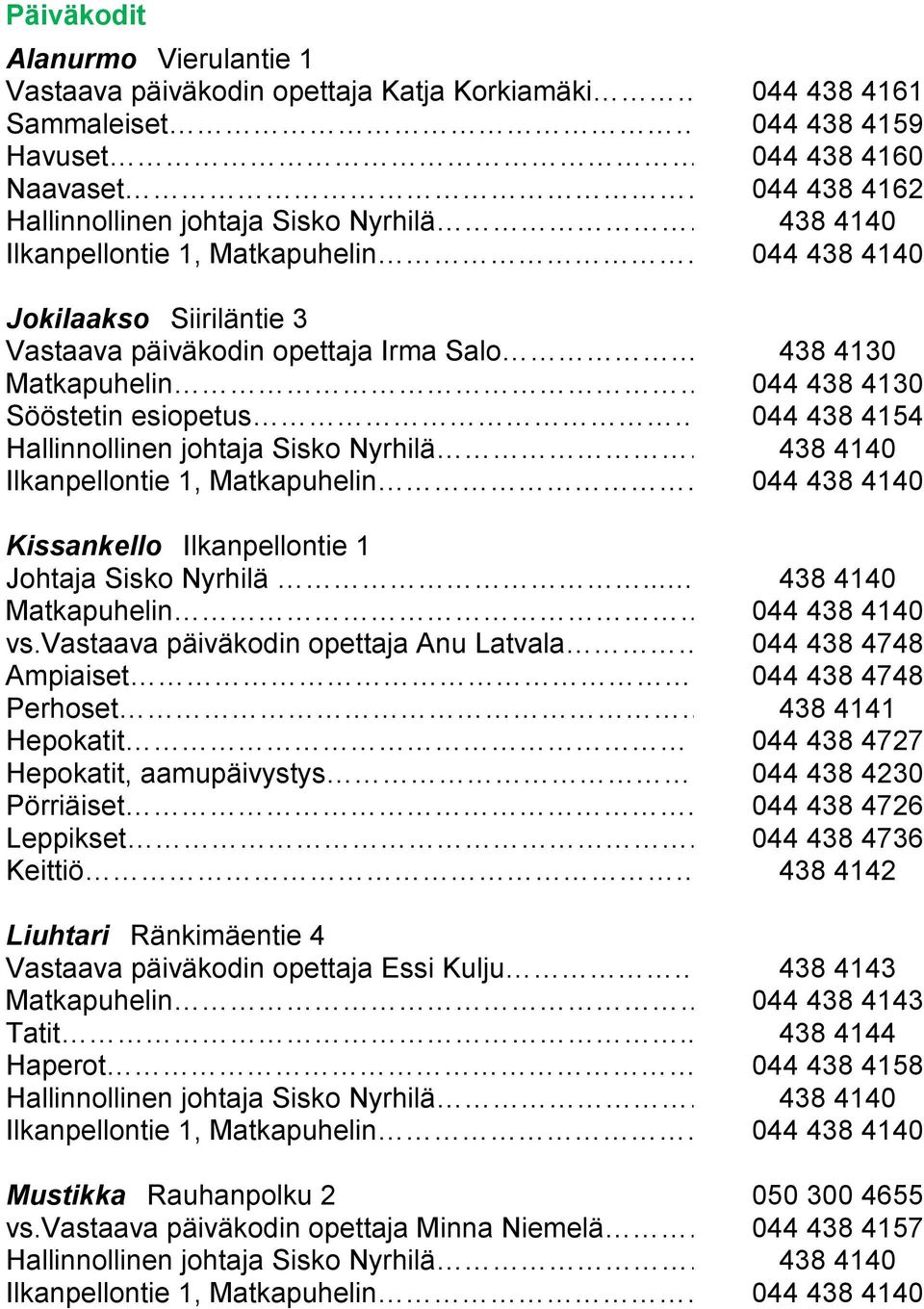 .044 438 4130 Sööstetin esiopetus. 044 438 4154 Hallinnollinen johtaja Sisko Nyrhilä 438 4140 Ilkanpellontie 1, Matkapuhelin. 044 438 4140 Kissankello Ilkanpellontie 1 Johtaja Sisko Nyrhilä.