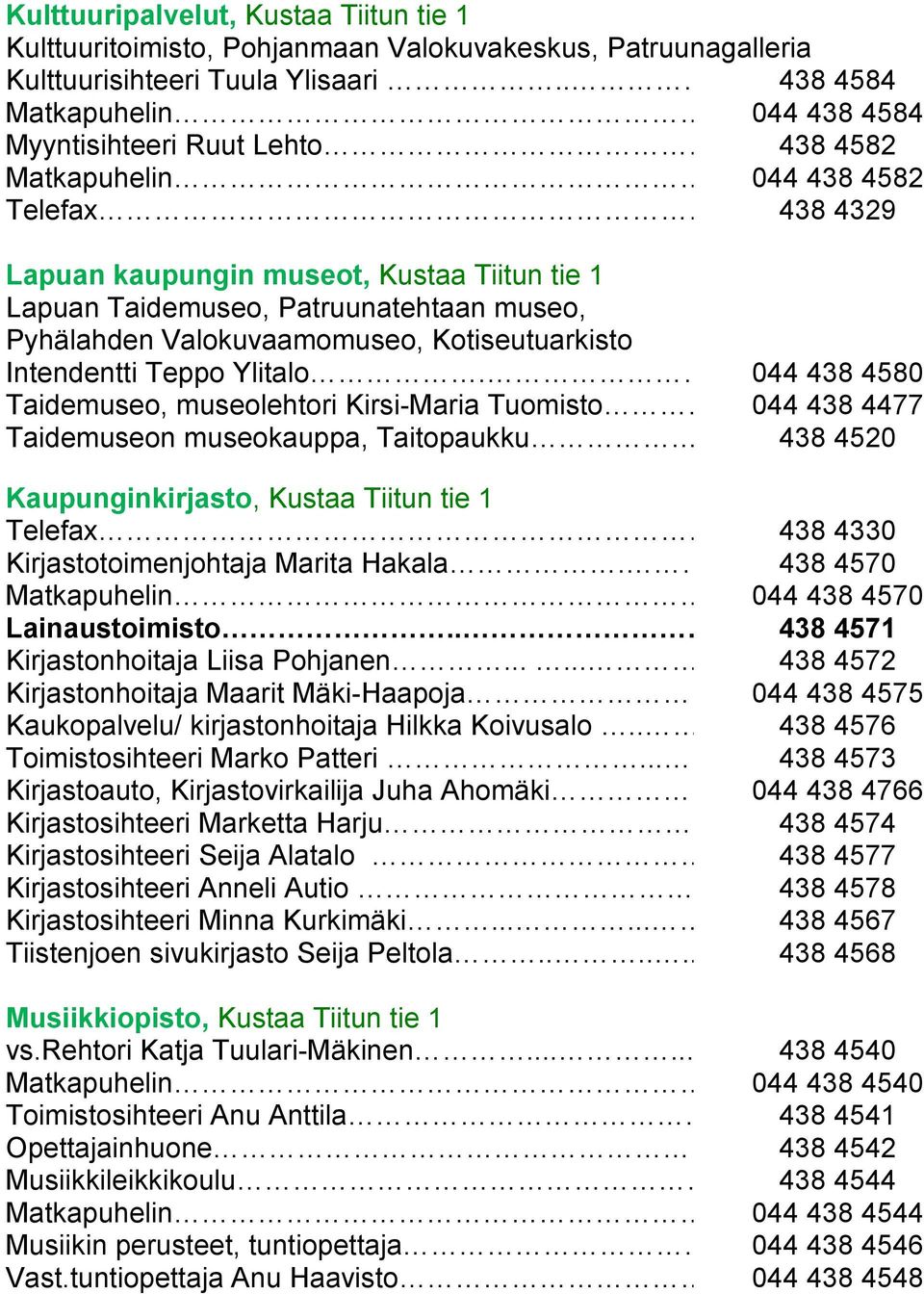 .... 438 4329 Lapuan kaupungin museot, Kustaa Tiitun tie 1 Lapuan Taidemuseo, Patruunatehtaan museo, Pyhälahden Valokuvaamomuseo, Kotiseutuarkisto Intendentti Teppo Ylitalo.