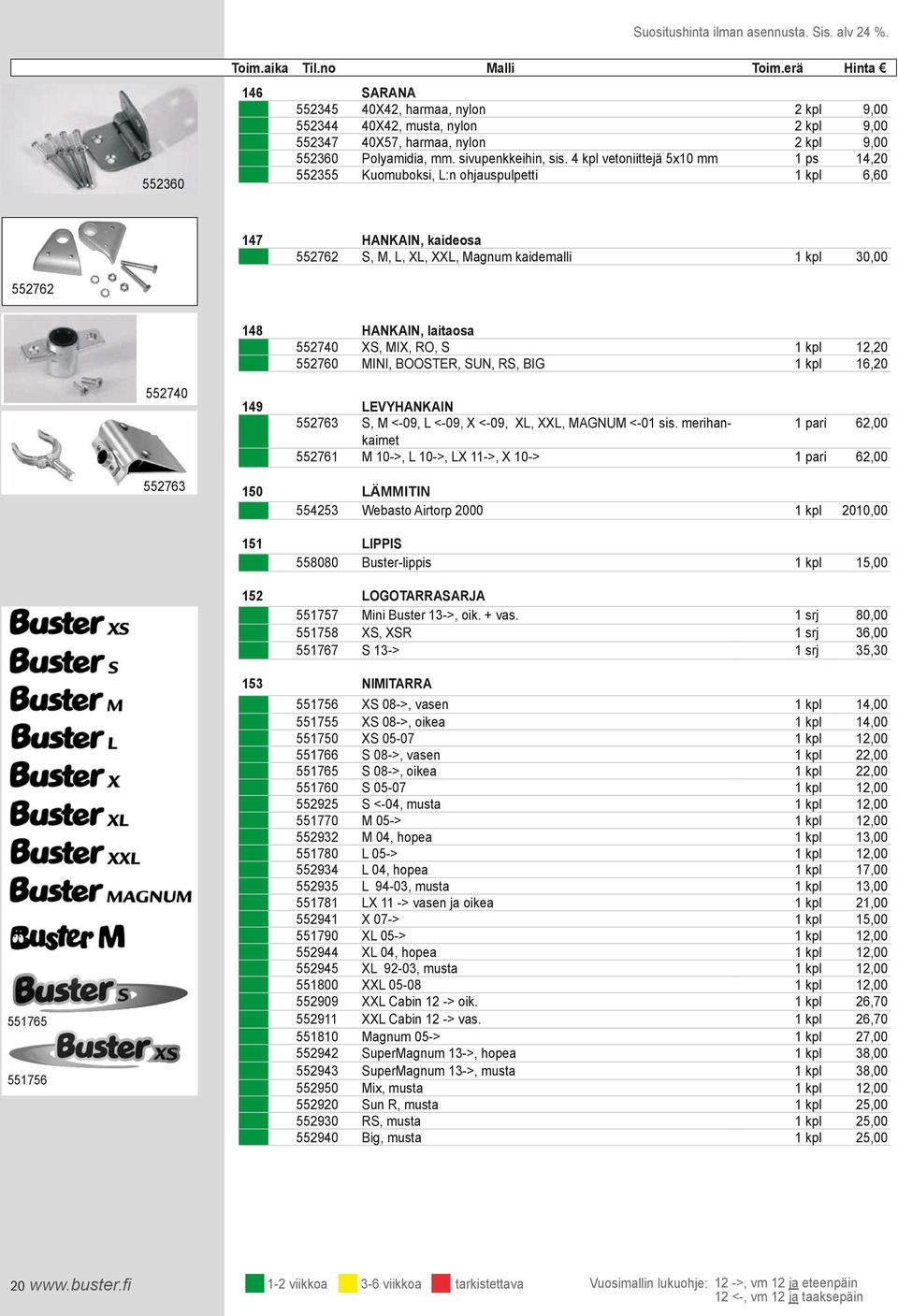 kaidemalli 1 kpl 30,00 552762 148 HANKAIN, laitaosa 552740 XS, MIX, RO, S 1 kpl 12,20 552760 MINI, BOOSTER, SUN, RS, BIG 1 kpl 16,20 552740 552763 149 LEVYHANKAIN 552763 S, M <-09, L <-09, X <-09,