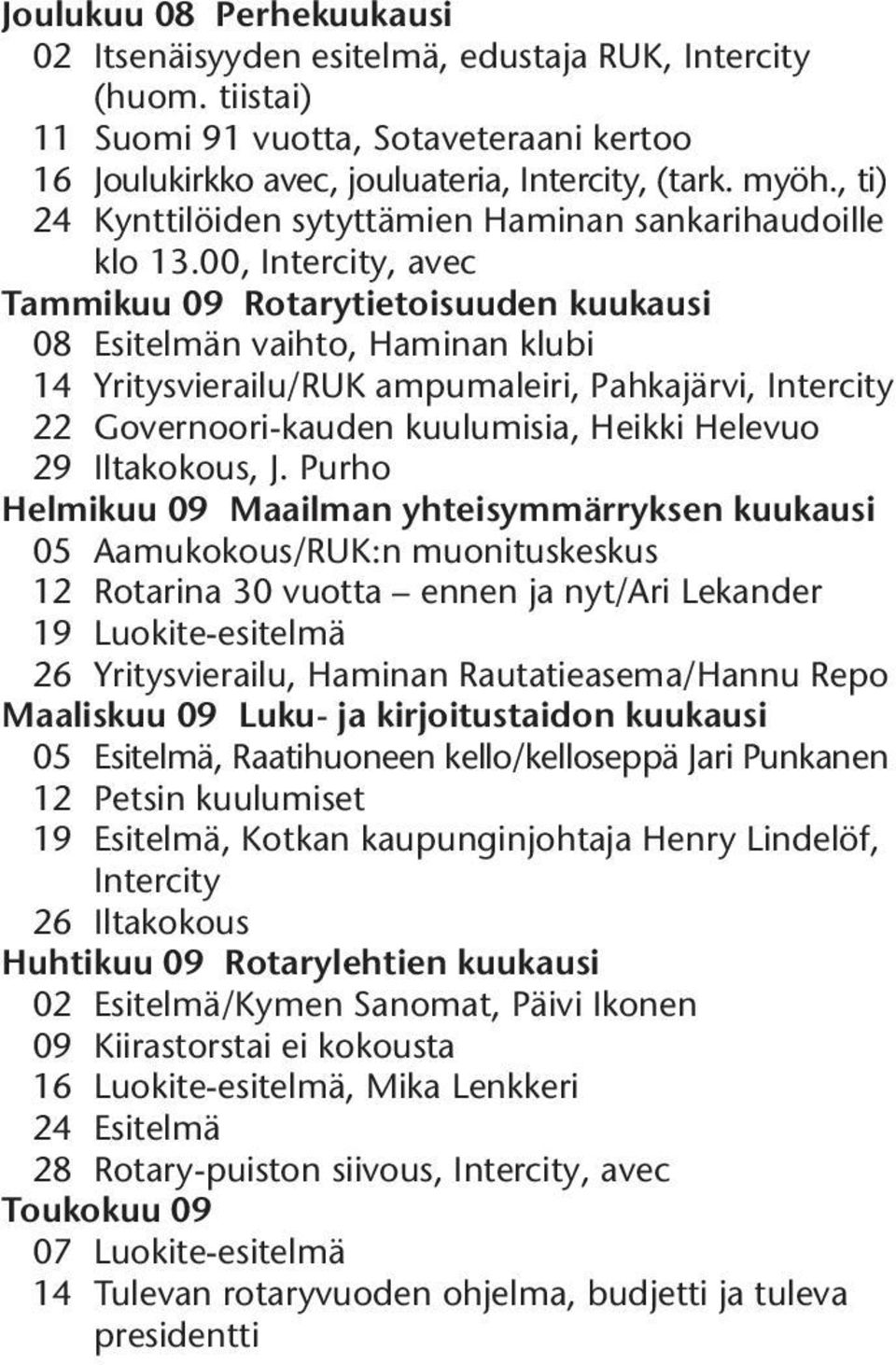 00, Intercity, avec Tammikuu 09 Rotarytietoisuuden kuukausi 08 Esitelmän vaihto, Haminan klubi 14 Yritysvierailu/RUK ampumaleiri, Pahkajärvi, Intercity 22 Governoori-kauden kuulumisia, Heikki Helevuo