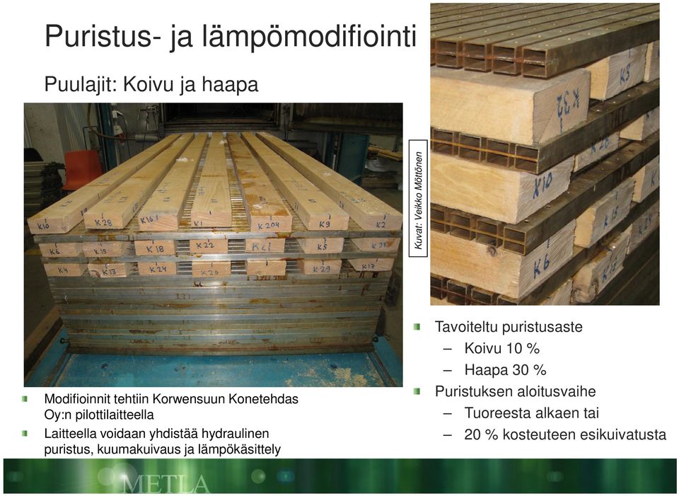 yhdistää hydraulinen puristus, kuumakuivaus ja lämpökäsittely Tavoiteltu puristusaste