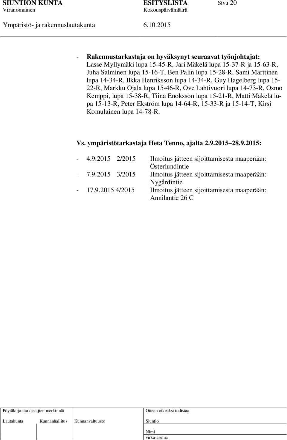 Matti Mäkelä lupa 15-13-R, Peter Ekström lupa 14-64-R, 15-33-R ja 15-14-T, Kirsi Komulainen lupa 14-78-R. Vs. ympäristötarkastaja Heta Tenno, ajalta 2.9.