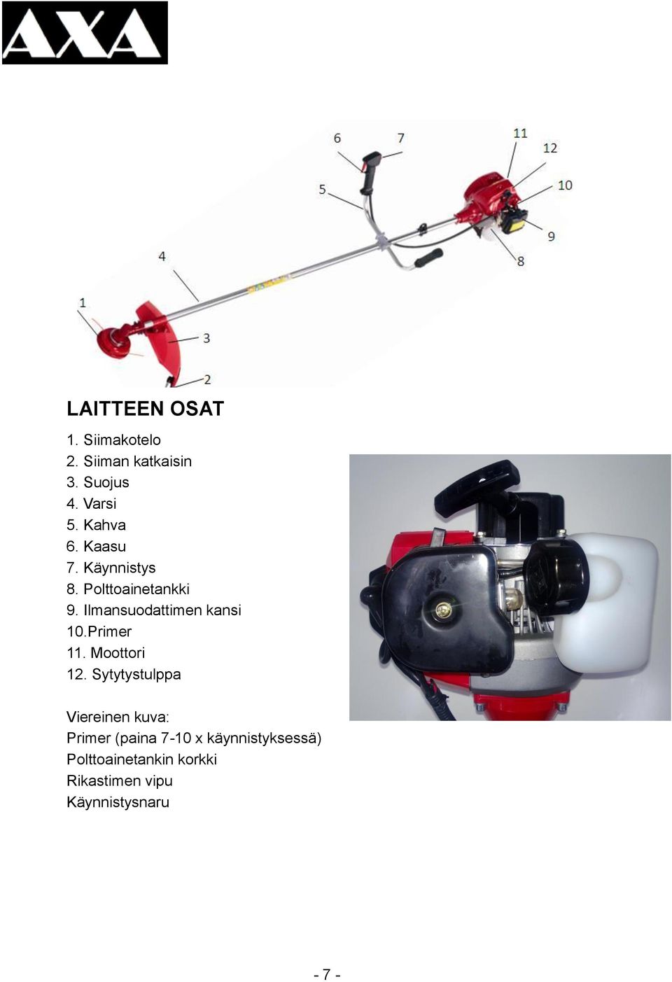 Ilmansuodattimen kansi 10.Primer 11. Moottori 12.