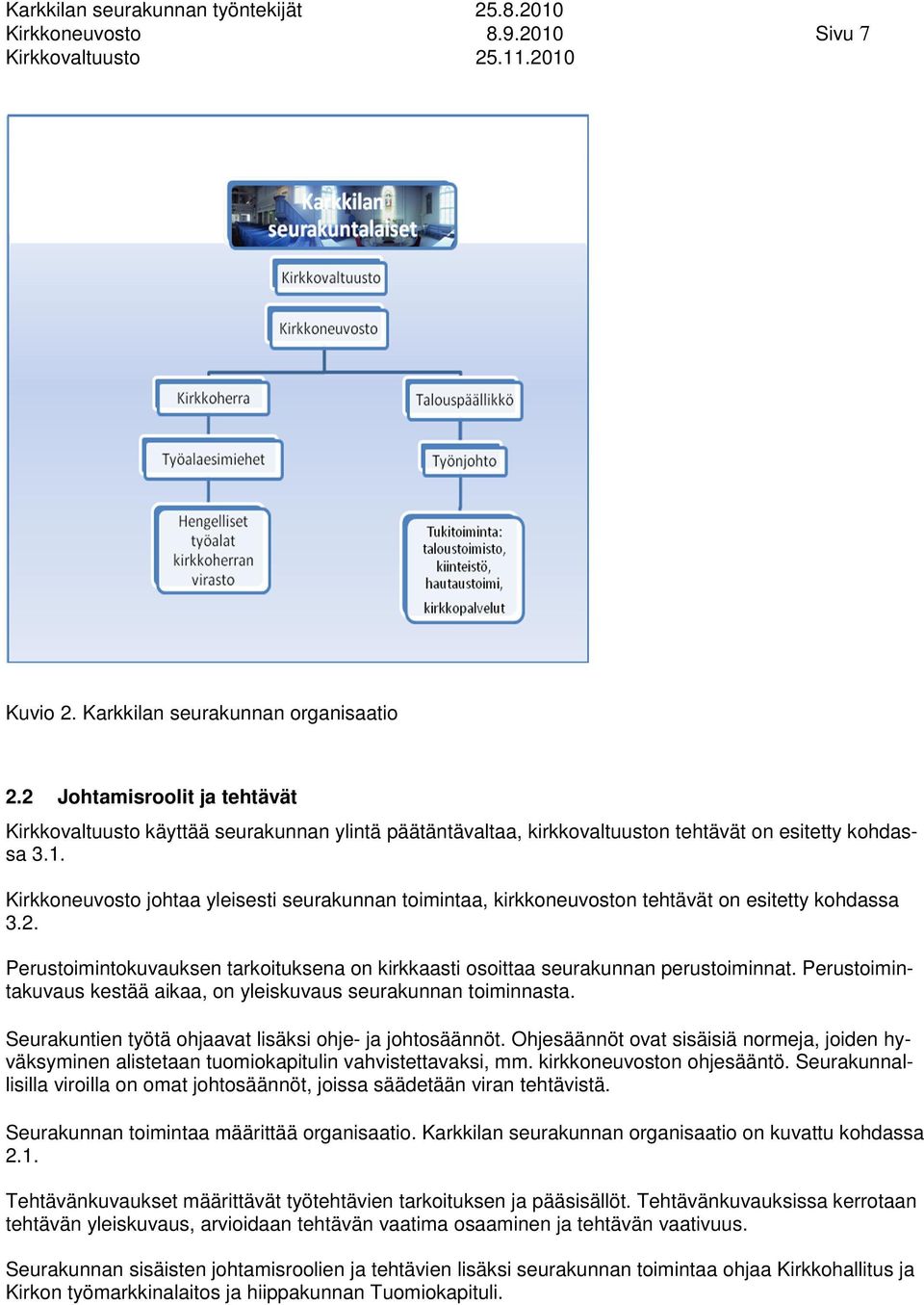 Kirkkoneuvosto johtaa yleisesti seurakunnan toimintaa, kirkkoneuvoston tehtävät on esitetty kohdassa 3.2. Perustoimintokuvauksen tarkoituksena on kirkkaasti osoittaa seurakunnan perustoiminnat.