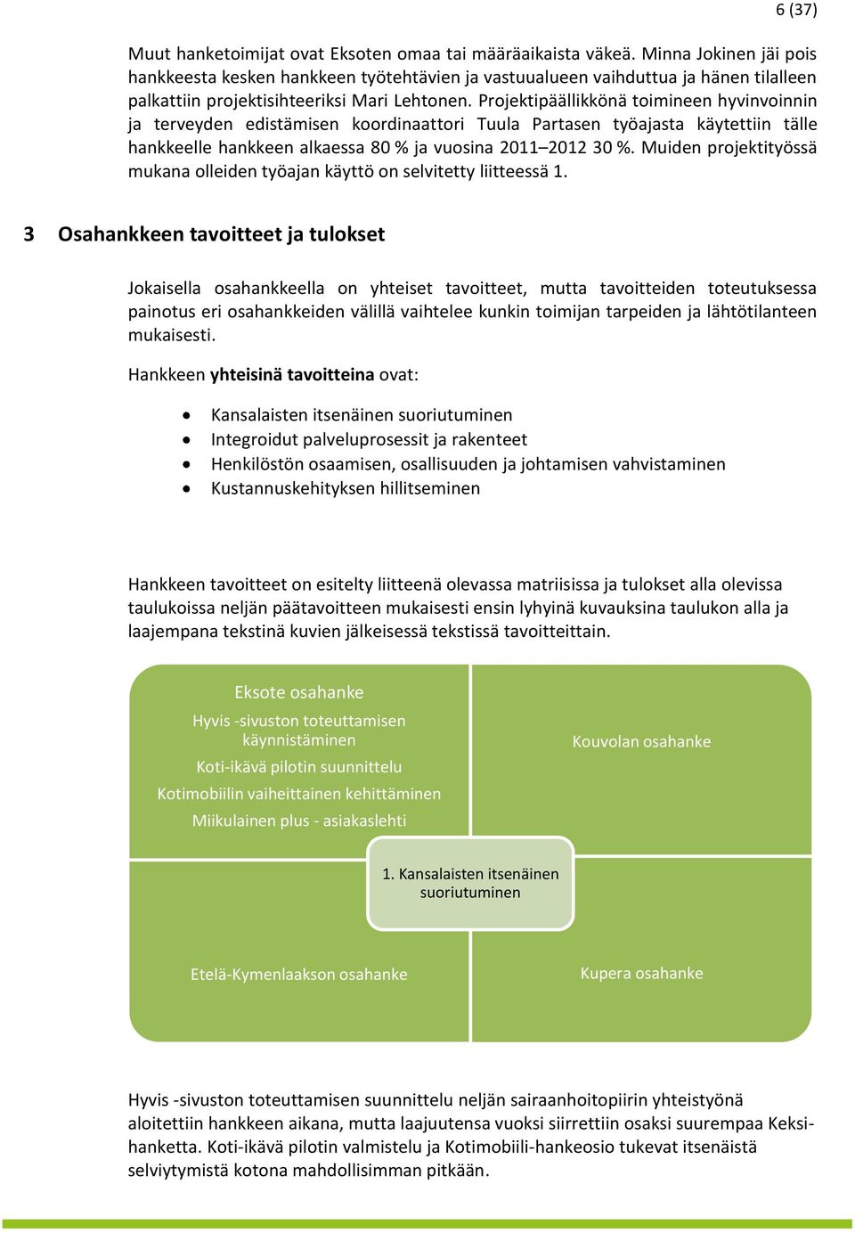 Projektipäällikkönä toimineen hyvinvoinnin ja terveyden edistämisen koordinaattori Tuula Partasen työajasta käytettiin tälle hankkeelle hankkeen alkaessa 80 % ja vuosina 2011 2012 30 %.