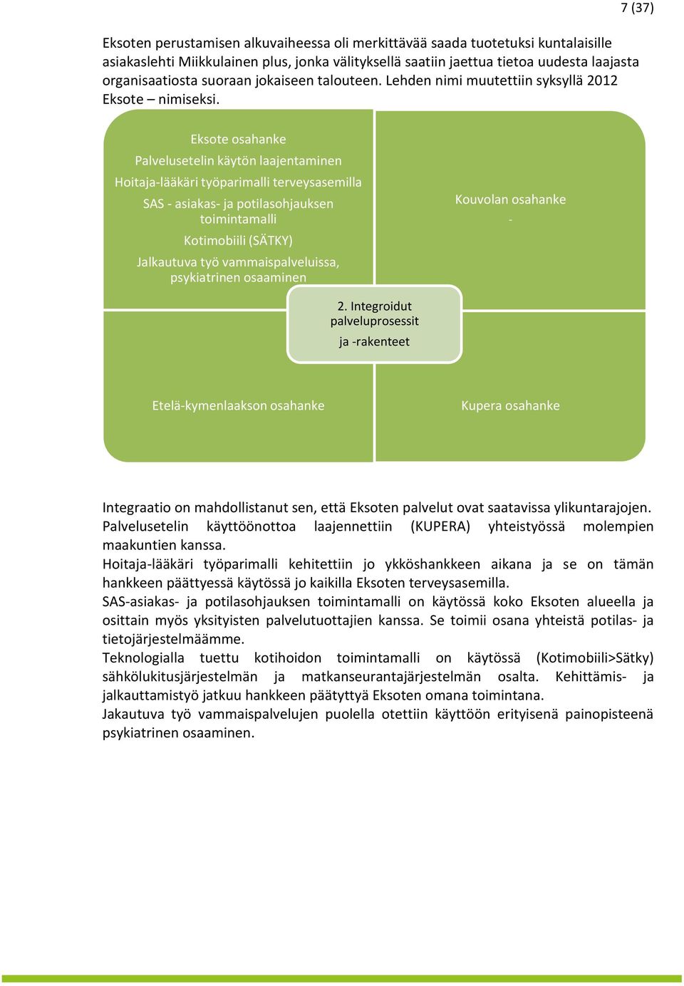 7 (37) Eksote osahanke Palvelusetelin käytön laajentaminen Hoitaja-lääkäri työparimalli terveysasemilla SAS - asiakas- ja potilasohjauksen toimintamalli Kotimobiili (SÄTKY) Jalkautuva työ