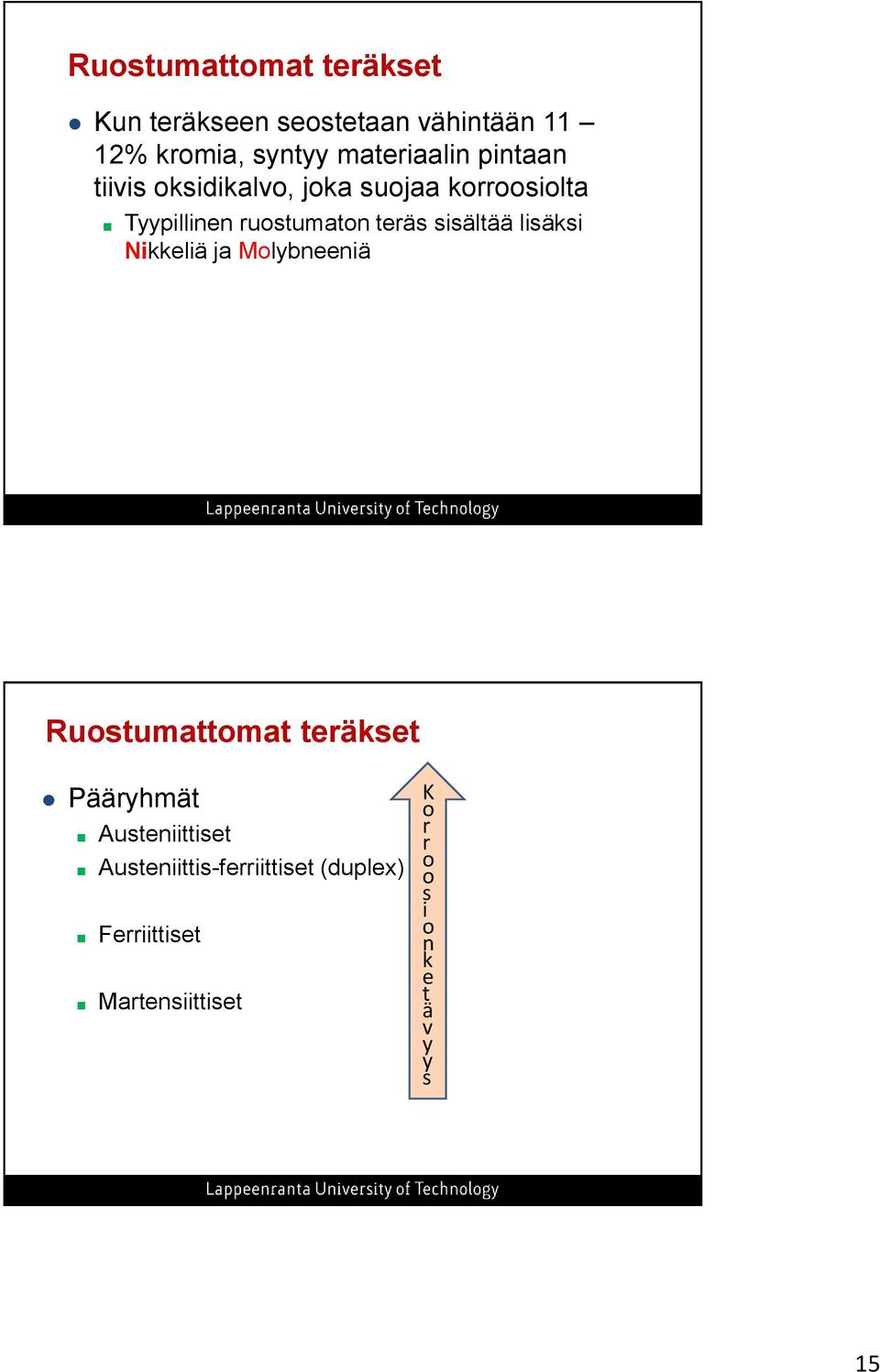 teräs sisältää lisäksi Nikkeliä ja Molybneeniä Ruostumattomat teräkset Pääryhmät