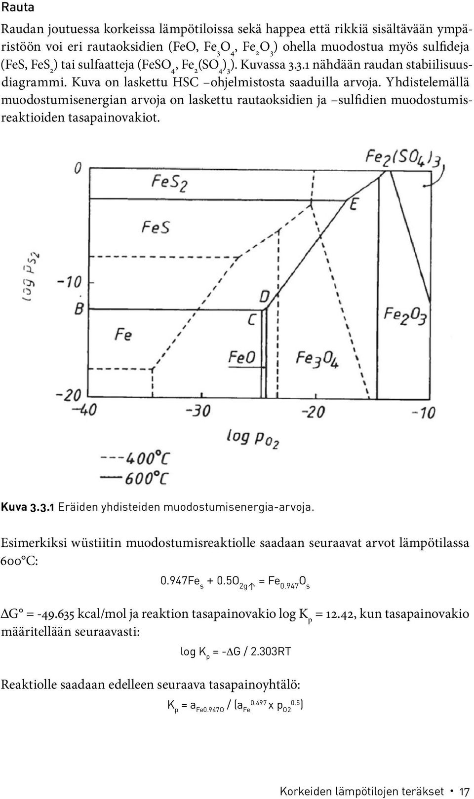 Yhdistelemällä muodostumisenergian arvoja on laskettu rautaoksidien ja sulfidien muodostumisreaktioiden tasapainovakiot. Kuva 3.3.1 Eräiden yhdisteiden muodostumisenergia-arvoja.