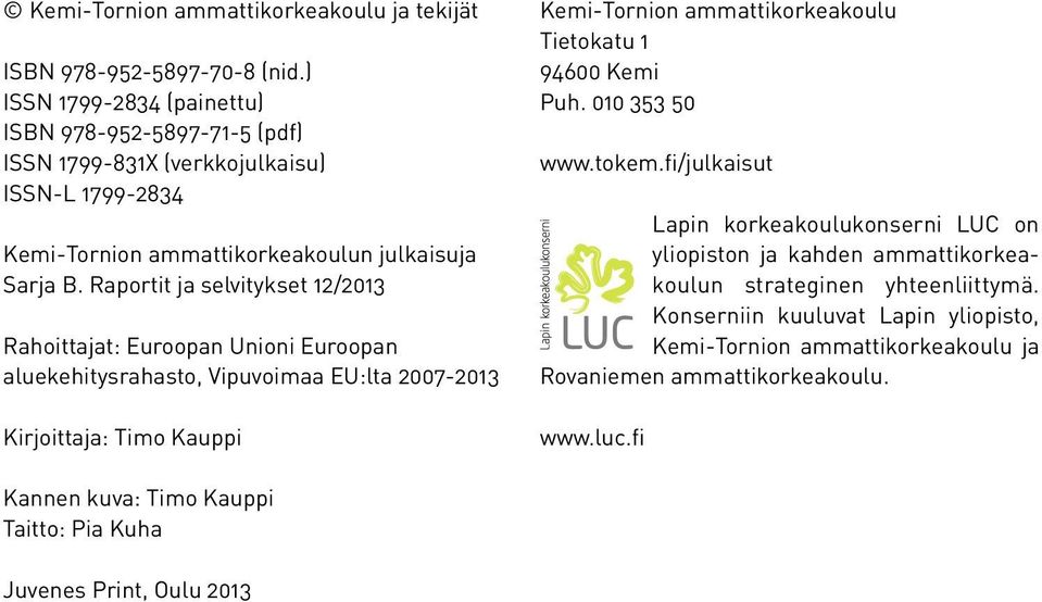 Raportit ja selvitykset 12/2013 Rahoittajat: Euroopan Unioni Euroopan aluekehitysrahasto, Vipuvoimaa EU:lta 2007-2013 Kirjoittaja: Timo Kauppi Kemi-Tornion ammattikorkeakoulu Tietokatu 1