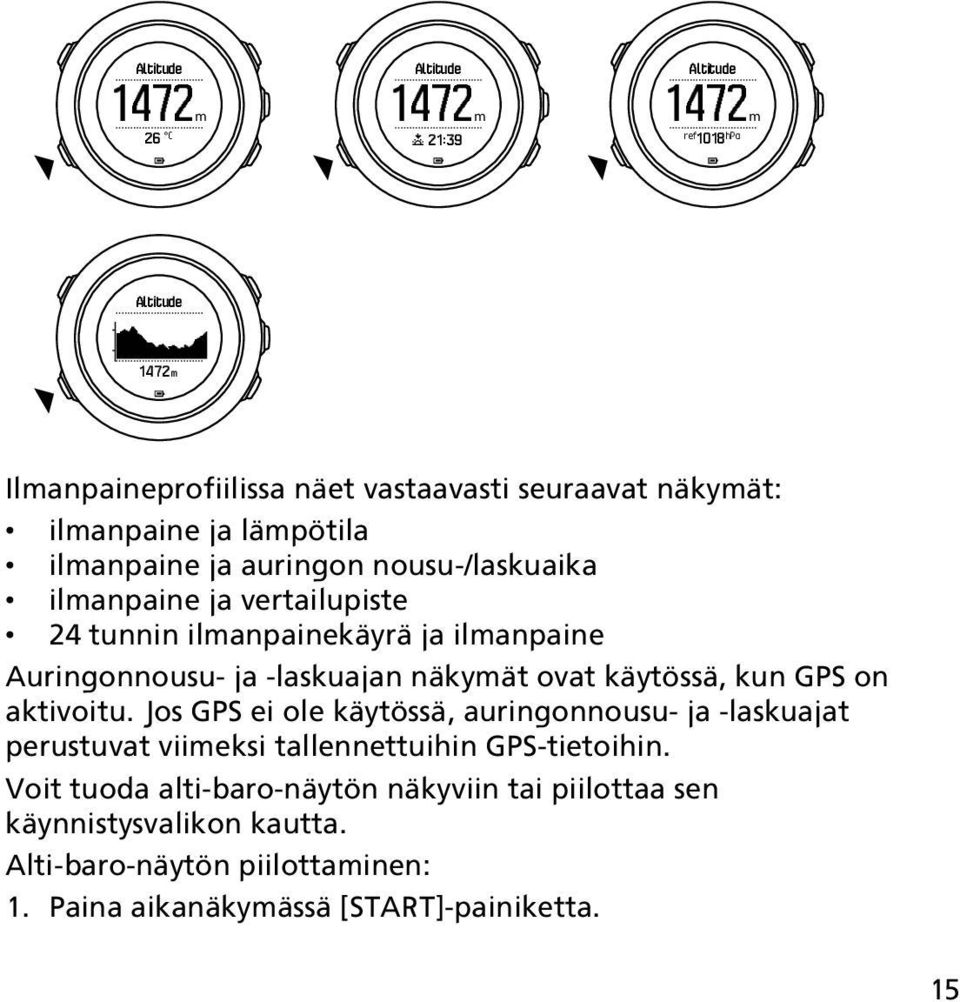 näkymät ovat käytössä, kun GPS on aktivoitu. Jos GPS ei ole käytössä, auringonnousu- ja -laskuajat perustuvat viimeksi tallennettuihin GPS-tietoihin.