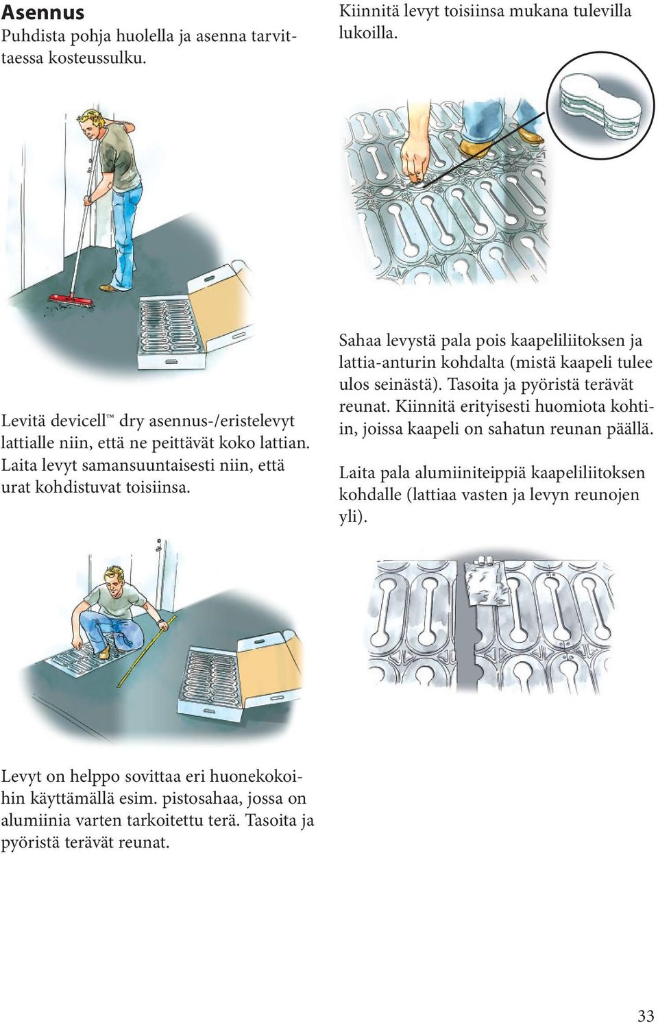 Sahaa levystä pala pois kaapeliliitoksen ja lattia-anturin kohdalta (mistä kaapeli tulee ulos seinästä). Tasoita ja pyöristä terävät reunat.