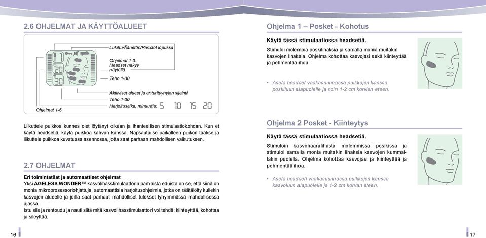 Ohjelmat 1-6 Teho 1-30 Aktiiviset alueet ja anturityynyjen sijainti Teho 1-30 Harjoitusaika, minuuttia: Aseta headset vaakasuunnassa puikkojen kanssa poskiluun alapuolelle ja noin 1-2 cm korvien