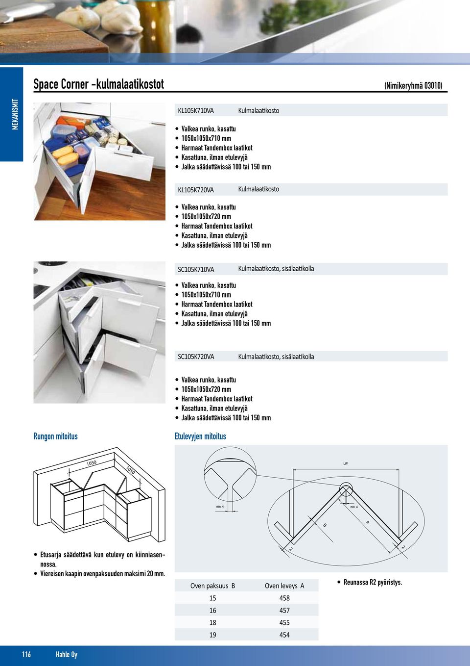 sisälaatikolla Valkea runko, kasattu 1050x1050x710 mm Harmaat Tandembox laatikot Kasattuna, ilman etulevyjä Jalka säädettävissä 100 tai 150 mm SC105K720VA Kulmalaatikosto, sisälaatikolla Valkea