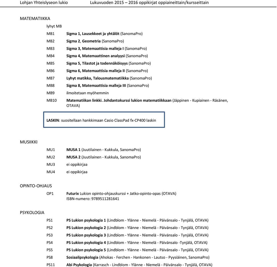 malleja III (SanomaPro) ilmoitetaan myöhemmin Matematiikan linkki.