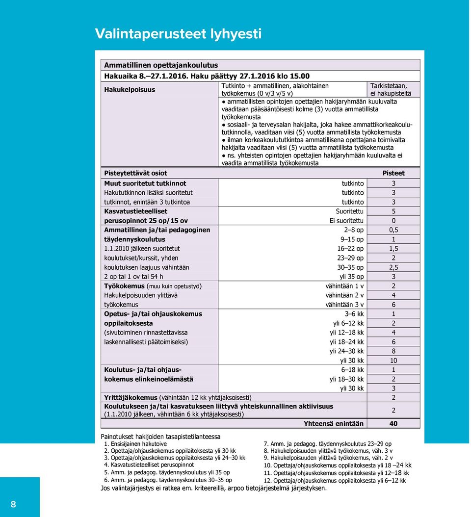 kolme (3) vuotta ammatillista työkokemusta sosiaali- ja terveysalan hakijalta, joka hakee ammattikorkeakoulututkinnolla, vaaditaan viisi (5) vuotta ammatillista työkokemusta ilman