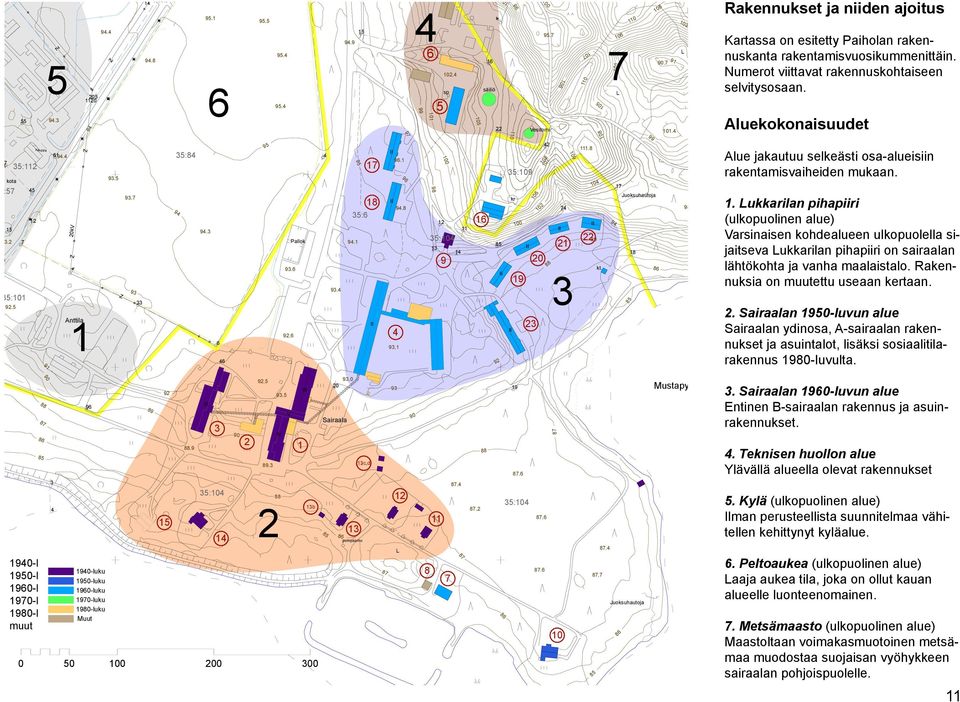 Rakennukset ja niiden ajoitus Kartassa on esitetty Paiholan rakennuskanta rakentamisvuosikummenittäin. Numerot viittavat rakennuskohtaiseen selvitysosaan.