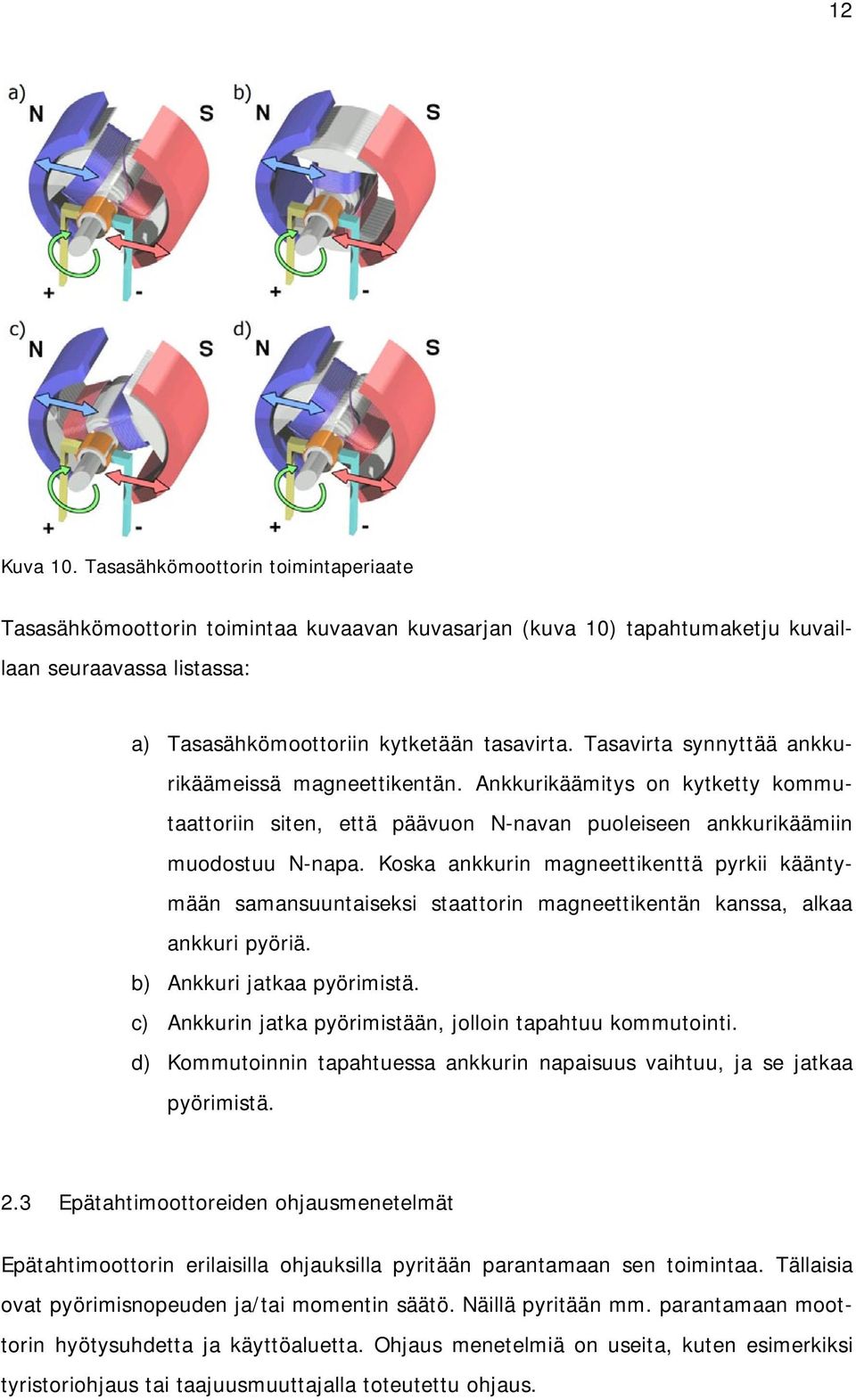 Koska ankkurin magneettikenttä pyrkii kääntymään samansuuntaiseksi staattorin magneettikentän kanssa, alkaa ankkuri pyöriä. b) Ankkuri jatkaa pyörimistä.