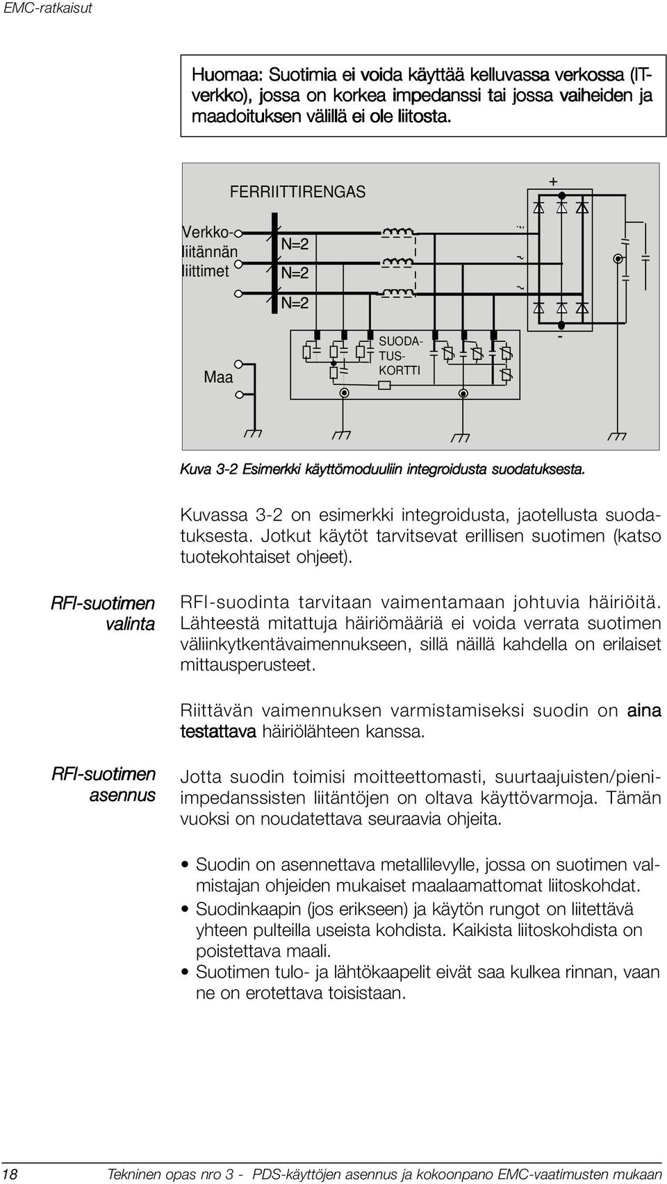 Jotkut käytöt tarvitsevat erillisen suotimen (katso tuotekohtaiset ohjeet). RFI-suotimen valinta RFI-suodinta tarvitaan vaimentamaan johtuvia häiriöitä.