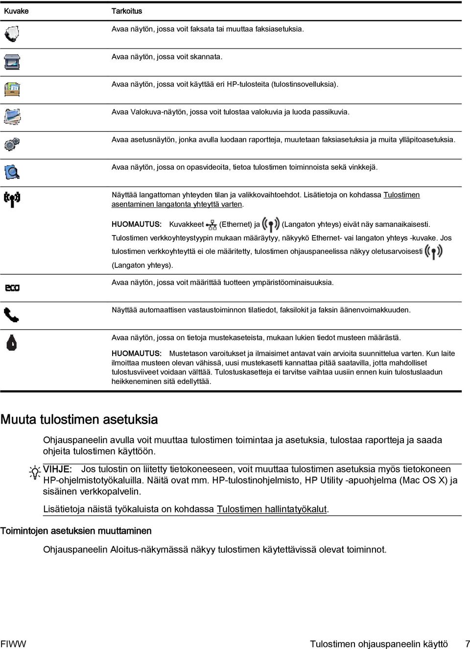 Avaa näytön, jossa on opasvideoita, tietoa tulostimen toiminnoista sekä vinkkejä. Näyttää langattoman yhteyden tilan ja valikkovaihtoehdot.