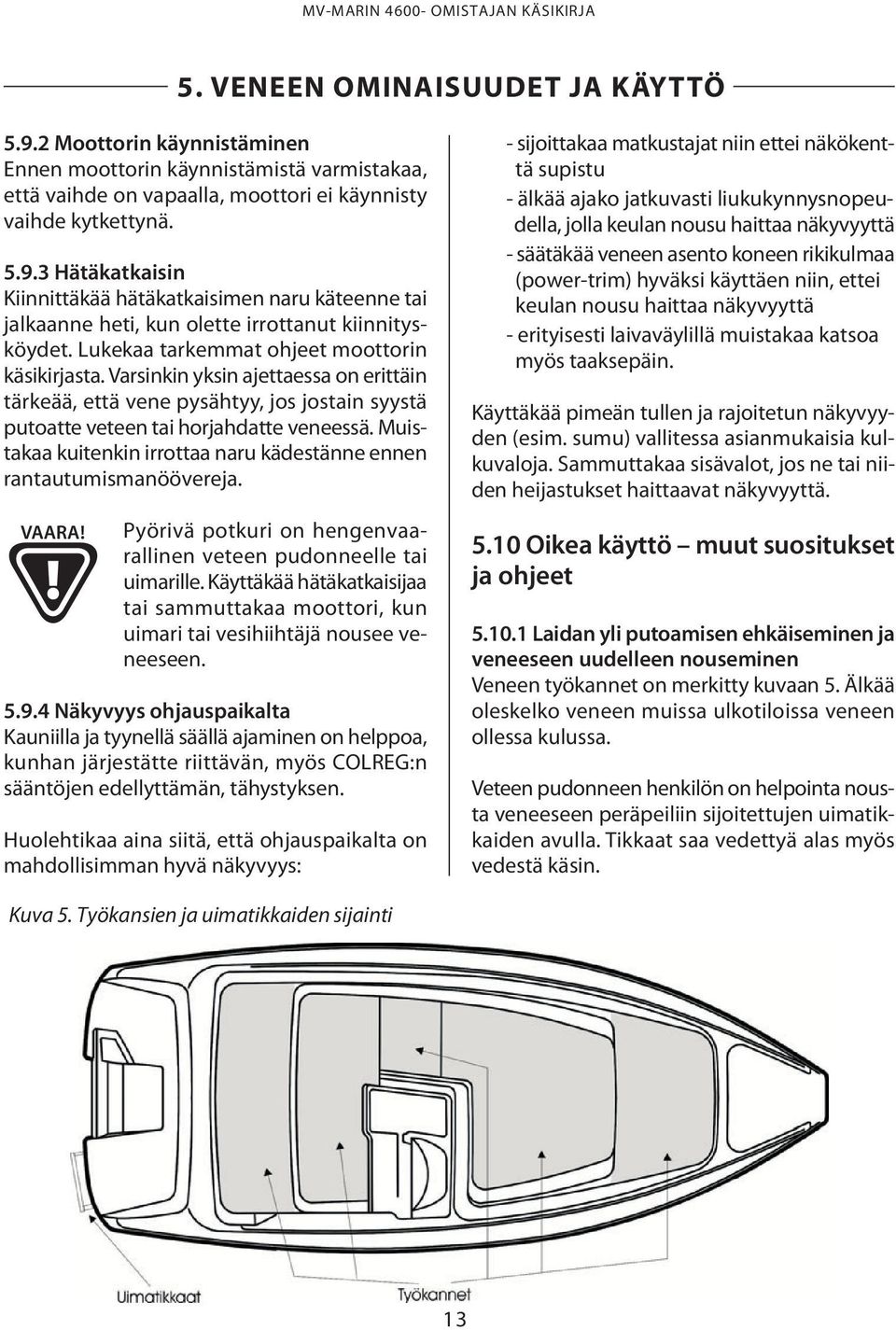 3 Hätäkatkaisin Kiinnittäkää hätäkatkaisimen naru käteenne tai jalkaanne heti, kun olette irrottanut kiinnitysköydet. Lukekaa tarkemmat ohjeet moottorin käsikirjasta.