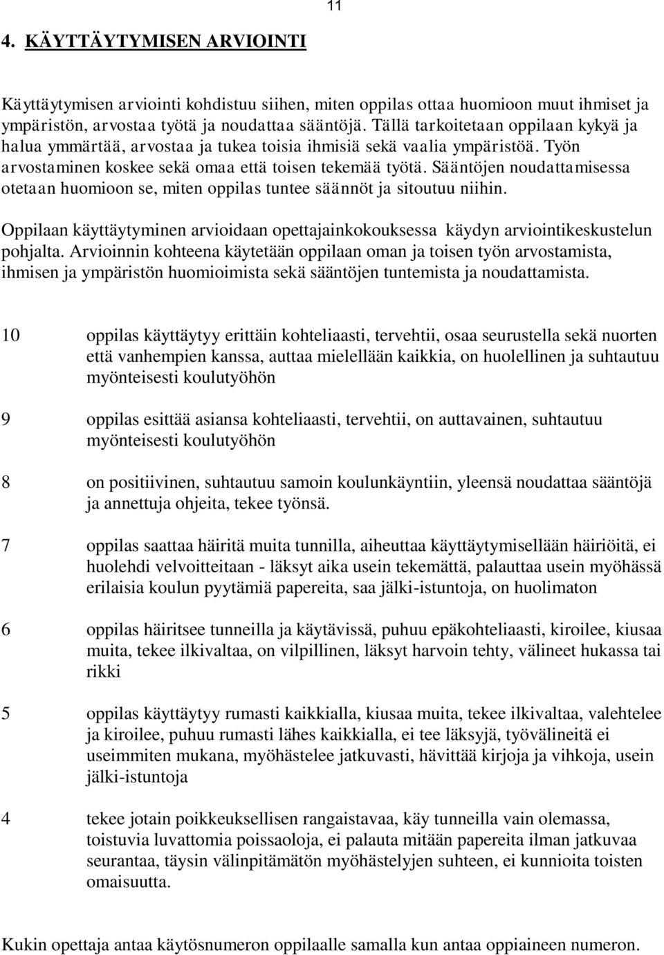 Sääntöjen noudattamisessa otetaan huomioon se, miten oppilas tuntee säännöt ja sitoutuu niihin. Oppilaan käyttäytyminen arvioidaan opettajainkokouksessa käydyn arviointikeskustelun pohjalta.