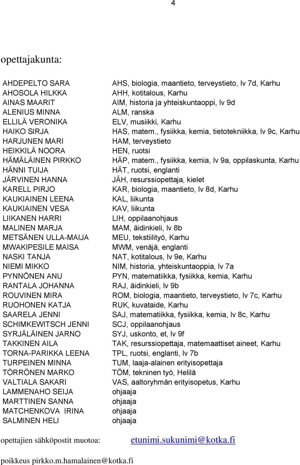 JENNI SYRJÄLÄINEN JARNO TAKKINEN AILA TORNA-PARIKKA LEENA TURPEINEN MINNA TÖRRÖNEN MARKO VALTIALA SAKARI LAMMENAHO SEIJA MARTTINEN SANNA MATCHENKOVA IRINA SALMINEN HELI opettajien sähköpostit muotoa: