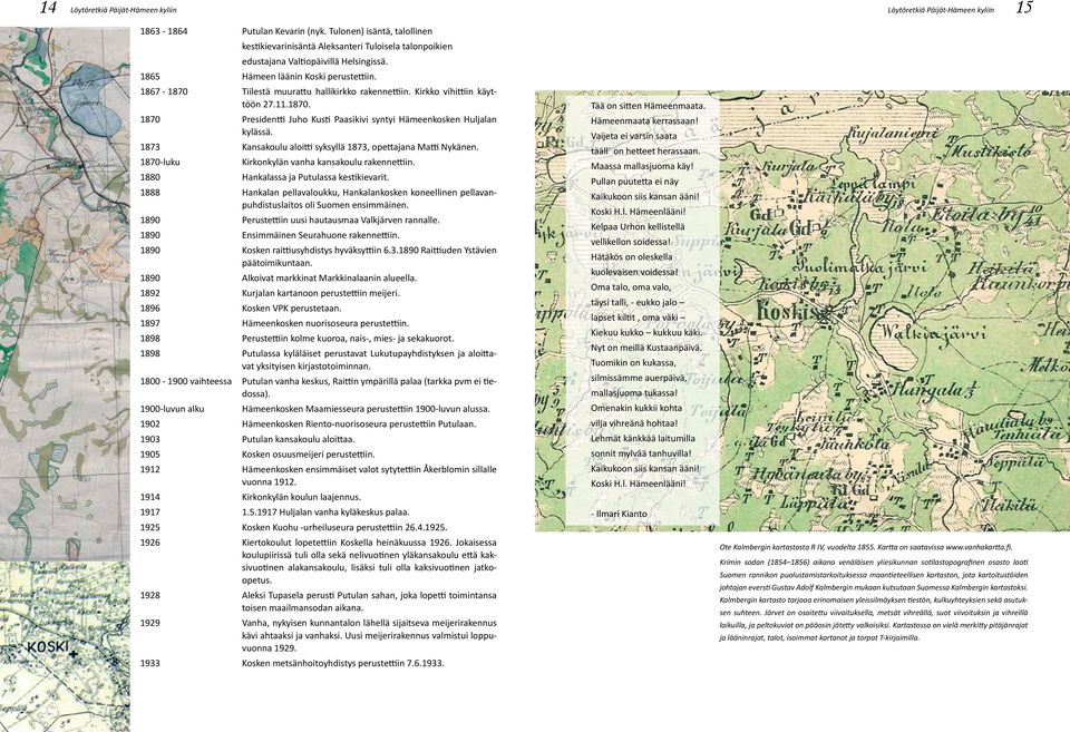 1873 Kansakoulu aloitti syksyllä 1873, opettajana Matti Nykänen. 1870-luku Kirkonkylän vanha kansakoulu rakennettiin. 1880 Hankalassa ja Putulassa kestikievarit.