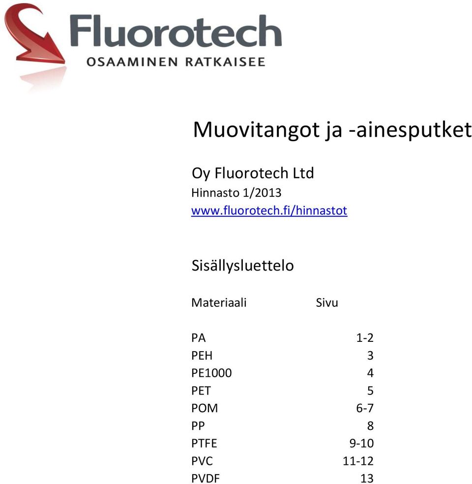 fi/hinnastot Sisällysluettelo Materiaali Sivu