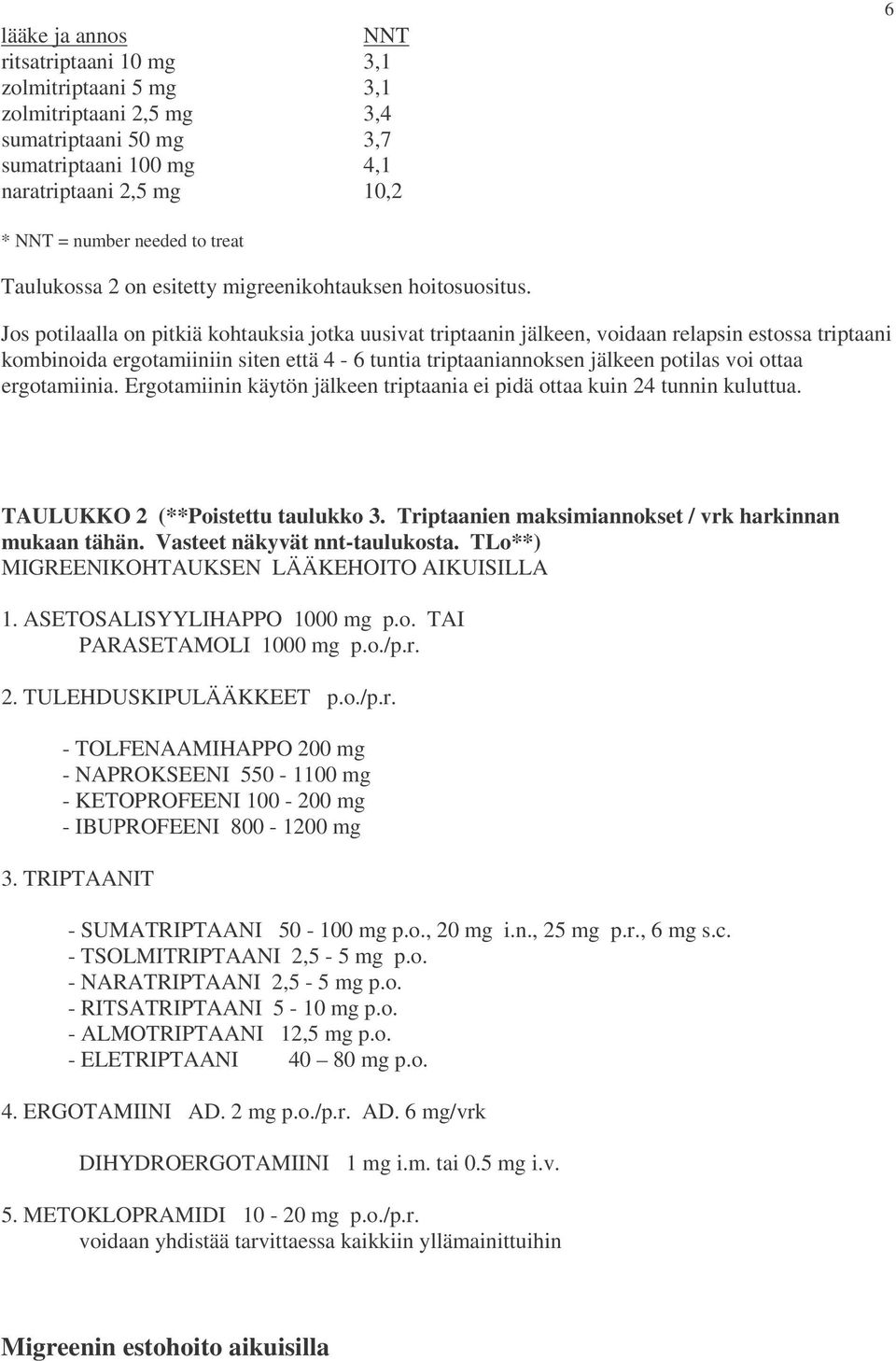 Jos potilaalla on pitkiä kohtauksia jotka uusivat triptaanin jälkeen, voidaan relapsin estossa triptaani kombinoida ergotamiiniin siten että 4-6 tuntia triptaaniannoksen jälkeen potilas voi ottaa