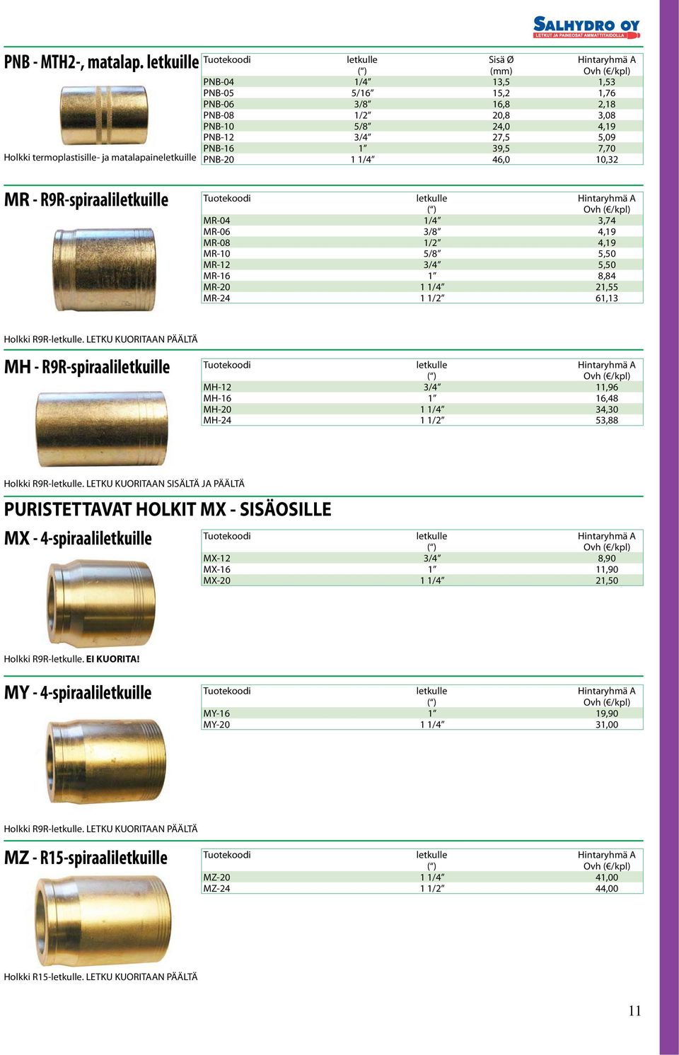 5,09 PNB-16 1 39,5 7,70 PNB-20 1 1/4 46,0 10,32 MR - R9R-spiraaliletkuille letkulle MR-04 1/4 3,74 MR-06 3/8 4,19 MR-08 1/2 4,19 MR-10 5/8 5,50 MR-12 3/4 5,50 MR-16 1 8,84 MR-20 1 1/4 21,55 MR-24 1