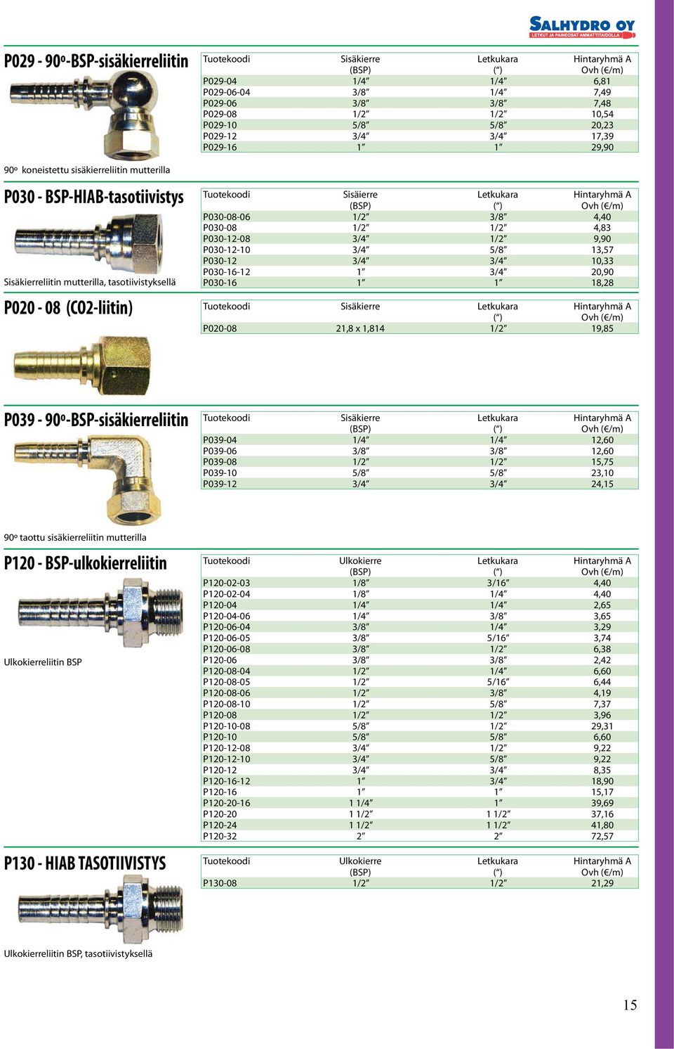 P030-12-08 3/4 1/2 9,90 P030-12-10 3/4 5/8 13,57 P030-12 3/4 3/4 10,33 P030-16-12 1 3/4 20,90 P030-16 1 1 18,28 Ovh ( /m) P020-08 21,8 x 1,814 1/2 19,85 P039-90º-BSP-sisäkierreliitin Ovh ( /m)