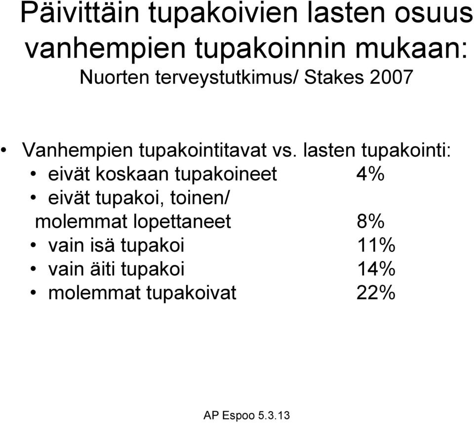 lasten tupakointi: eivät koskaan tupakoineet 4% eivät tupakoi, toinen/