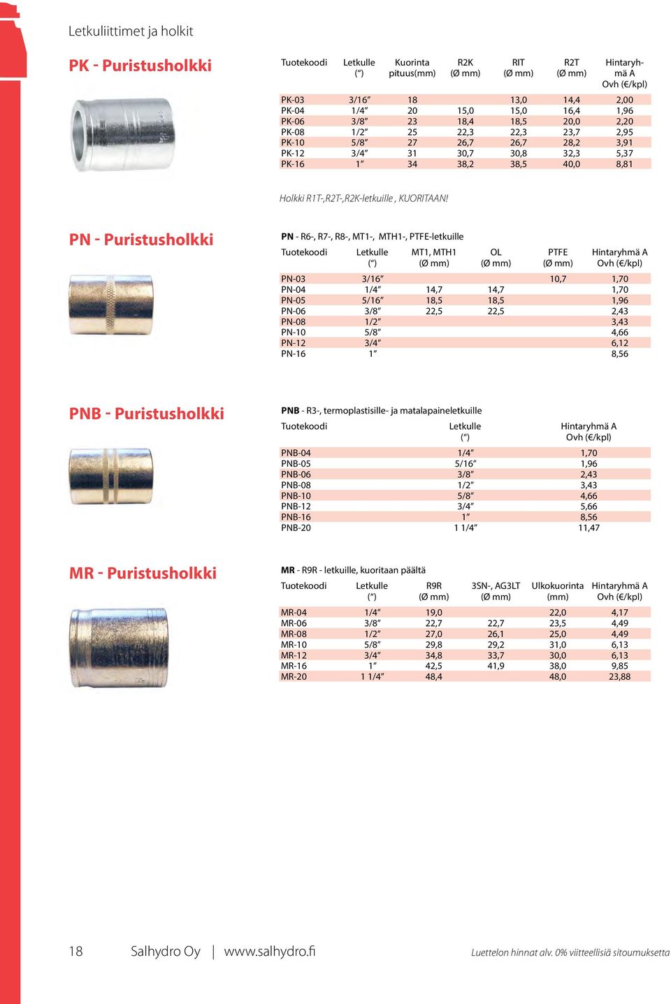 PN - Puristusholkki PN - R6-, R7-, R8-, MT1-, MTH1-, PTFE-letkuille Letkulle MT1, MTH1 (Ø mm) OL (Ø mm) PTFE (Ø mm) PN-03 3/16 10,7 1,70 PN-04 1/4 14,7 14,7 1,70 PN-05 5/16 18,5 18,5 1,96 PN-06 3/8