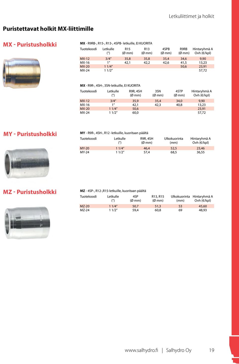 3/4 35,9 35,4 34,0 9,90 MX-16 1 42,1 42,3 40,8 13,23 MX-20 1 1/4 50,6 23,91 MX-24 1 1/2 60,0 57,72 MY - Puristusholkki MY - R9R-, 4SH-, R12 -letkuille, kuoritaan päältä Letkulle R9R, 4SH (Ø mm)