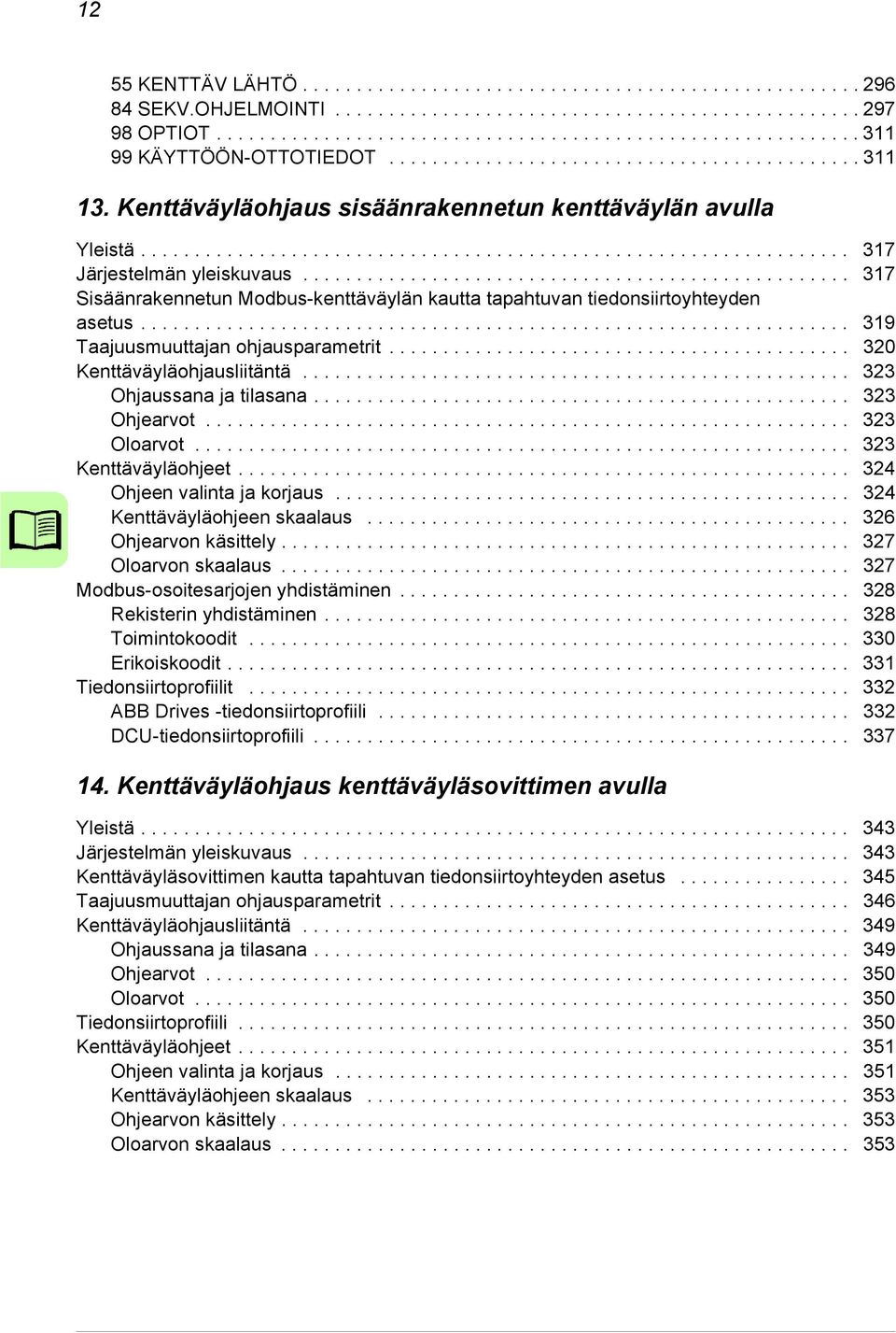 .................................................. 317 Sisäänrakennetun Modbus-kenttäväylän kautta tapahtuvan tiedonsiirtoyhteyden asetus.................................................................. 319 Taajuusmuuttajan ohjausparametrit.