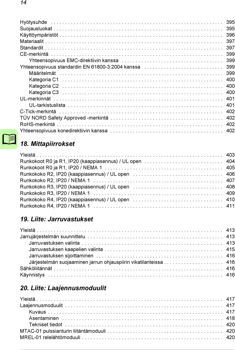 ................................... 399 Yhteensopivuus standardin EN 61800-3:2004 kanssa............................ 399 Määritelmät.......................................................... 399 Kategoria C1.