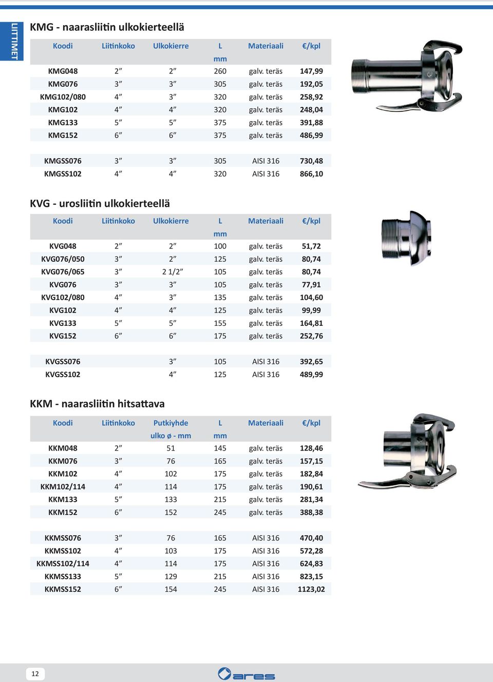 teräs 486,99 KMGSS076 3 3 305 AISI 316 730,48 KMGSS102 4 4 320 AISI 316 866,10 KVG - urosliitin ulkokierteellä Koodi Liitinkoko Ulkokierre L Materiaali /kpl mm KVG048 2 2 100 galv.