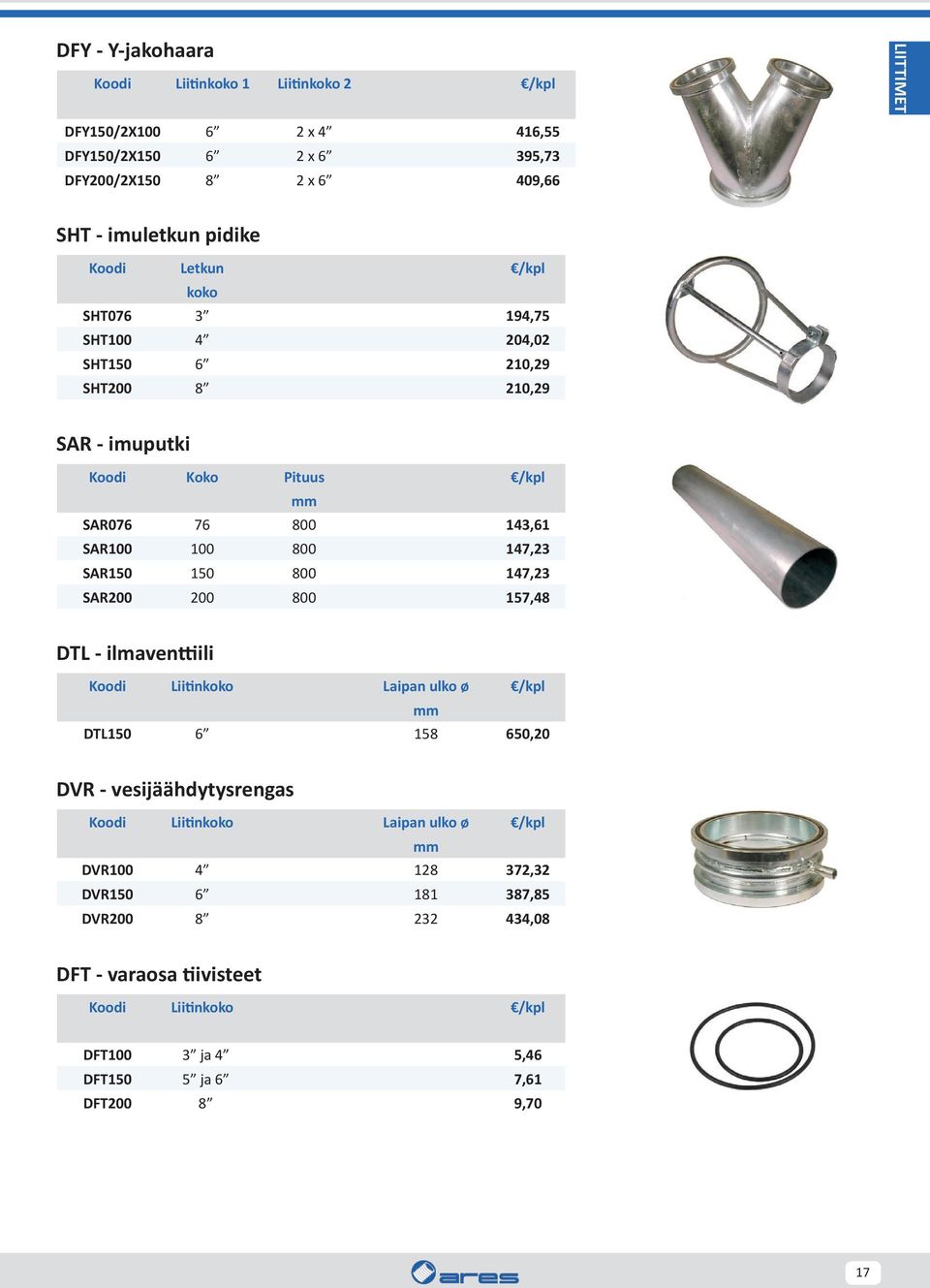 SAR150 150 800 147,23 SAR200 200 800 157,48 DTL - ilmaventtiili Koodi Liitinkoko Laipan ulko ø /kpl mm DTL150 6 158 650,20 DVR - vesijäähdytysrengas Koodi Liitinkoko Laipan