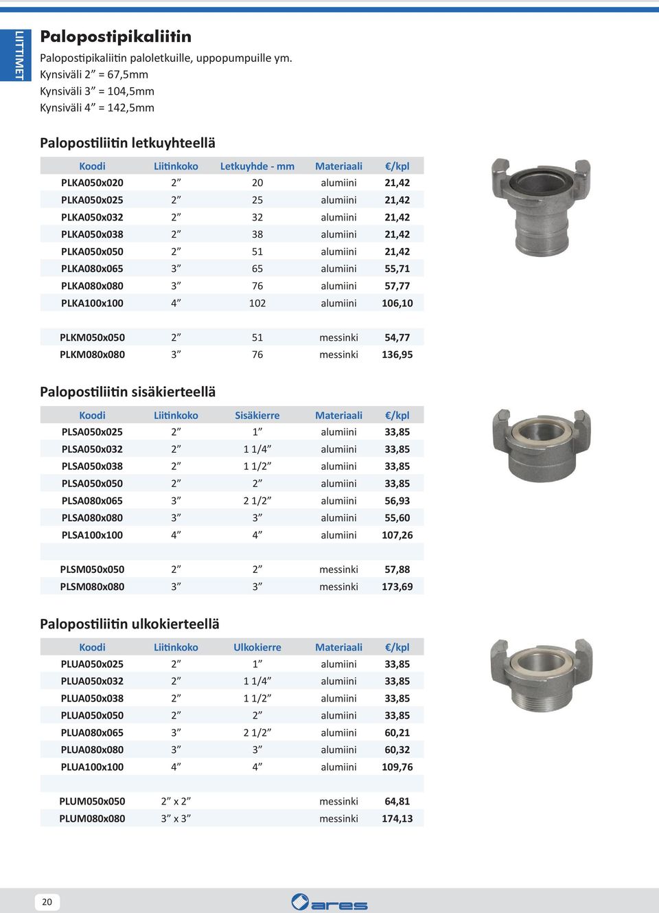 alumiini 21,42 PLKA050x032 2 32 alumiini 21,42 PLKA050x038 2 38 alumiini 21,42 PLKA050x050 2 51 alumiini 21,42 PLKA080x065 3 65 alumiini 55,71 PLKA080x080 3 76 alumiini 57,77 PLKA100x100 4 102