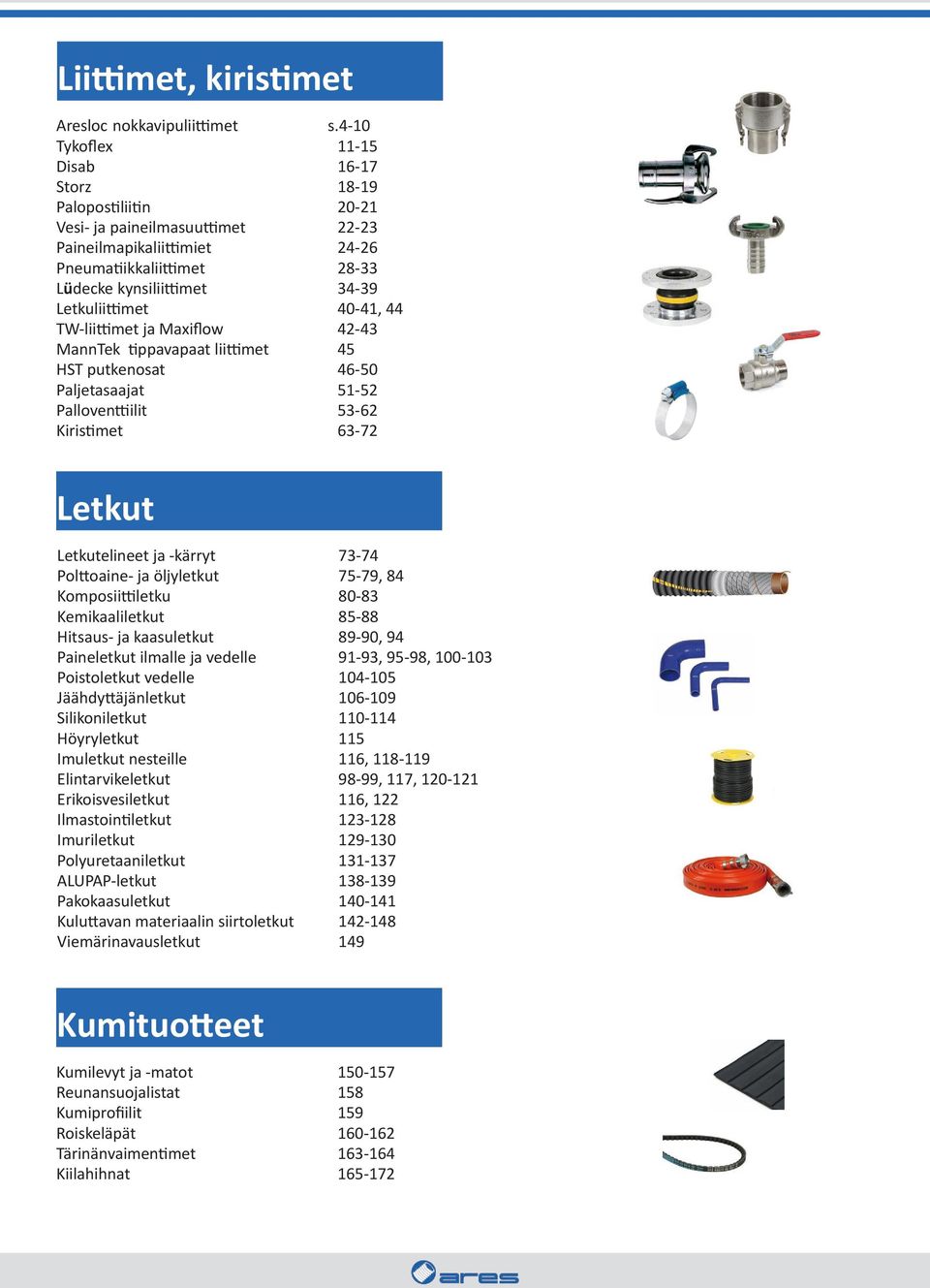 Letkuliittimet 40-41, 44 TW-liittimet ja Maxiflow 42-43 MannTek tippavapaat liittimet 45 HST putkenosat 46-50 Paljetasaajat 51-52 Palloventtiilit 53-62 Kiristimet 63-72 Letkut Letkutelineet ja