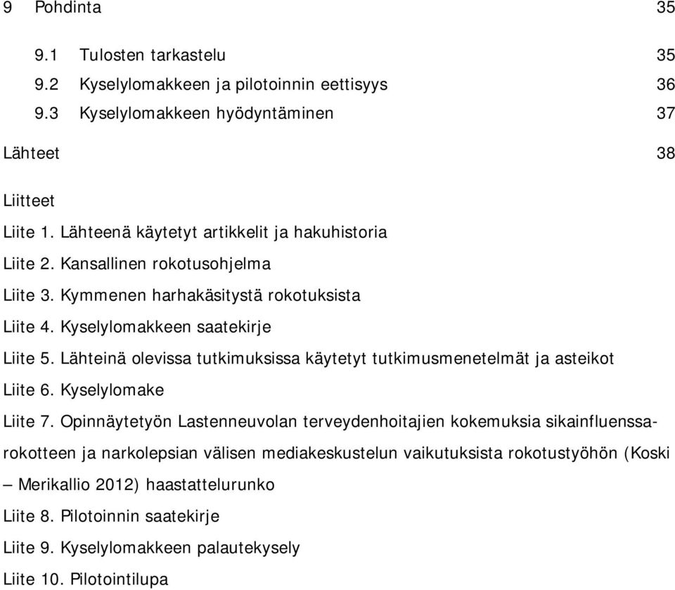 Lähteinä olevissa tutkimuksissa käytetyt tutkimusmenetelmät ja asteikot Liite 6. Kyselylomake Liite 7.